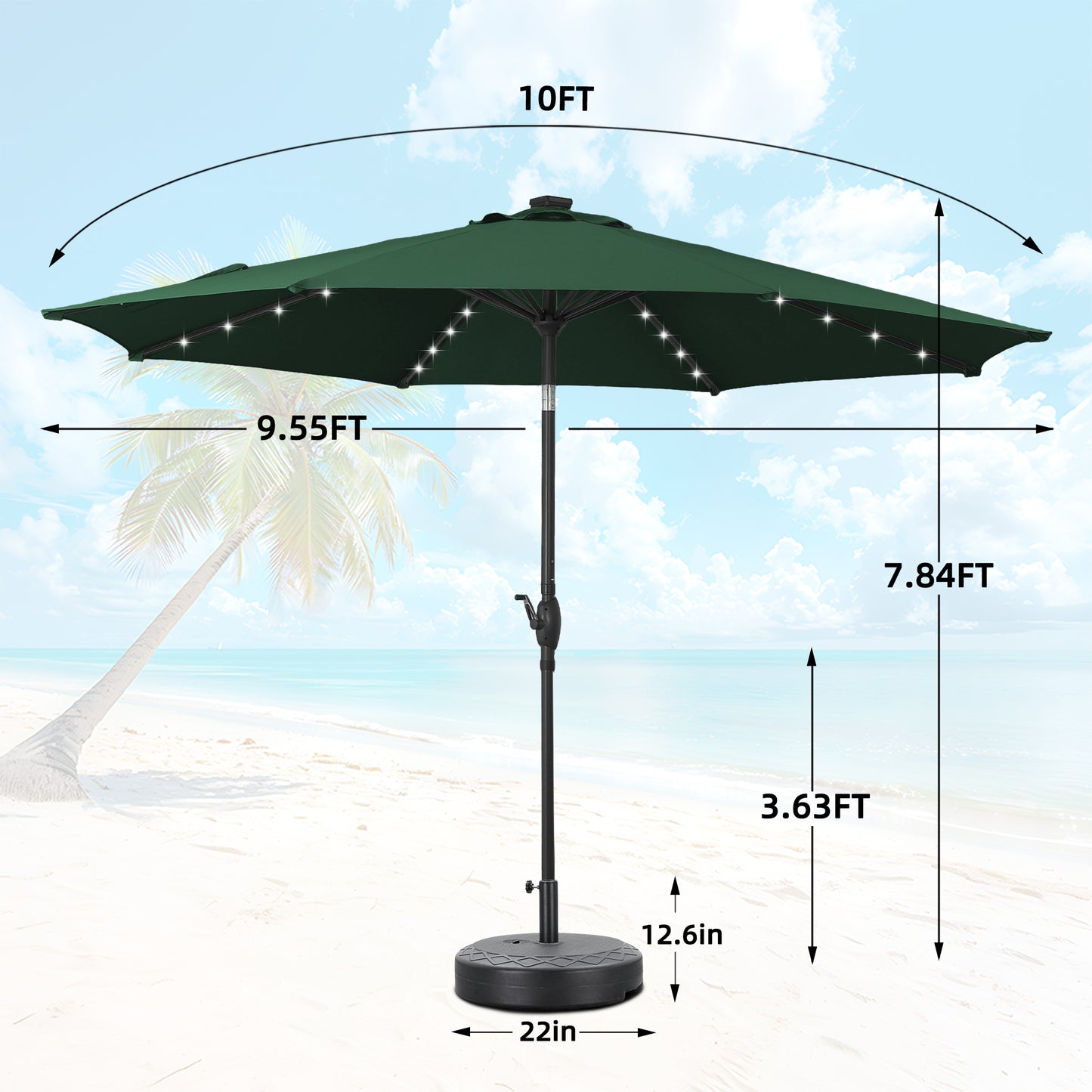 Autlaycil 10 ft Solar Patio Umbrellas and Base,  with 32 Lights for Market Outdoor Pool, Steel Tilt Crank-Green