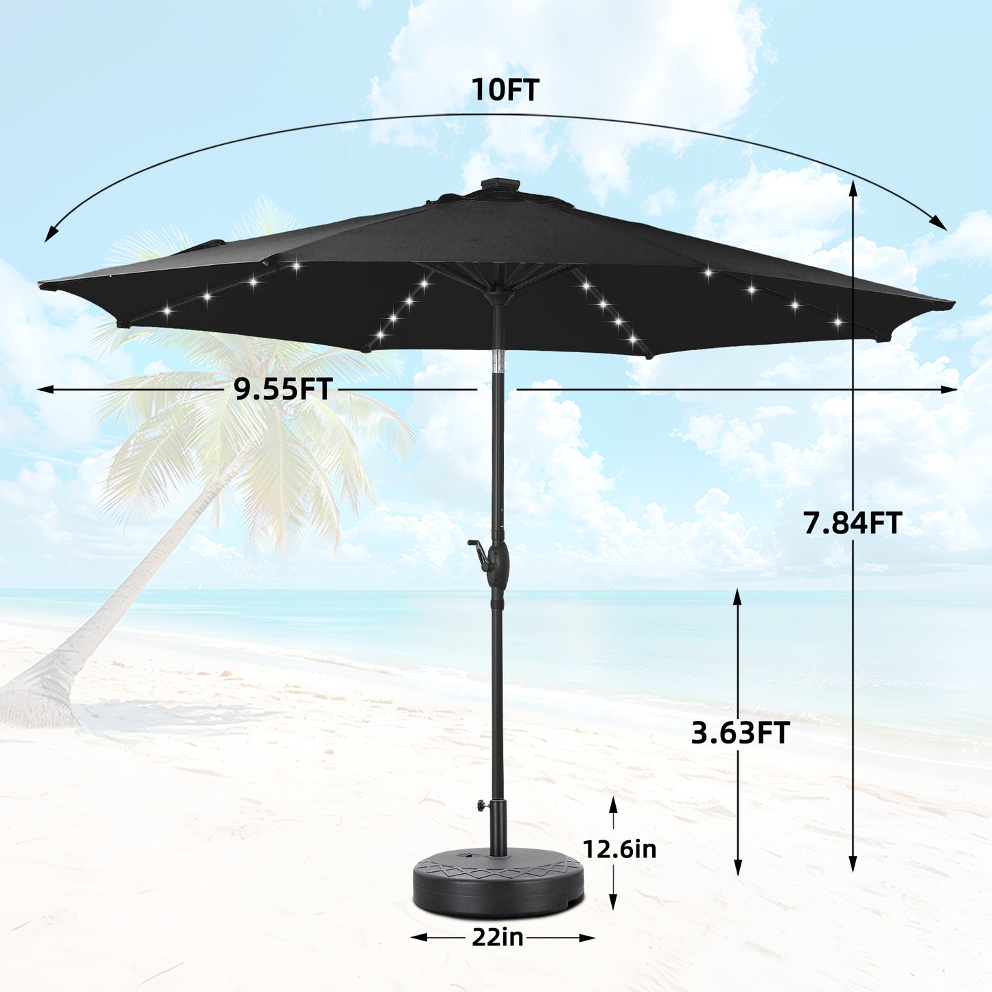 Autlaycil 10 ft Solar Patio Umbrellas and Base,  with 32 Lights for Market Outdoor Pool, Steel Tilt Crank-Dark Black