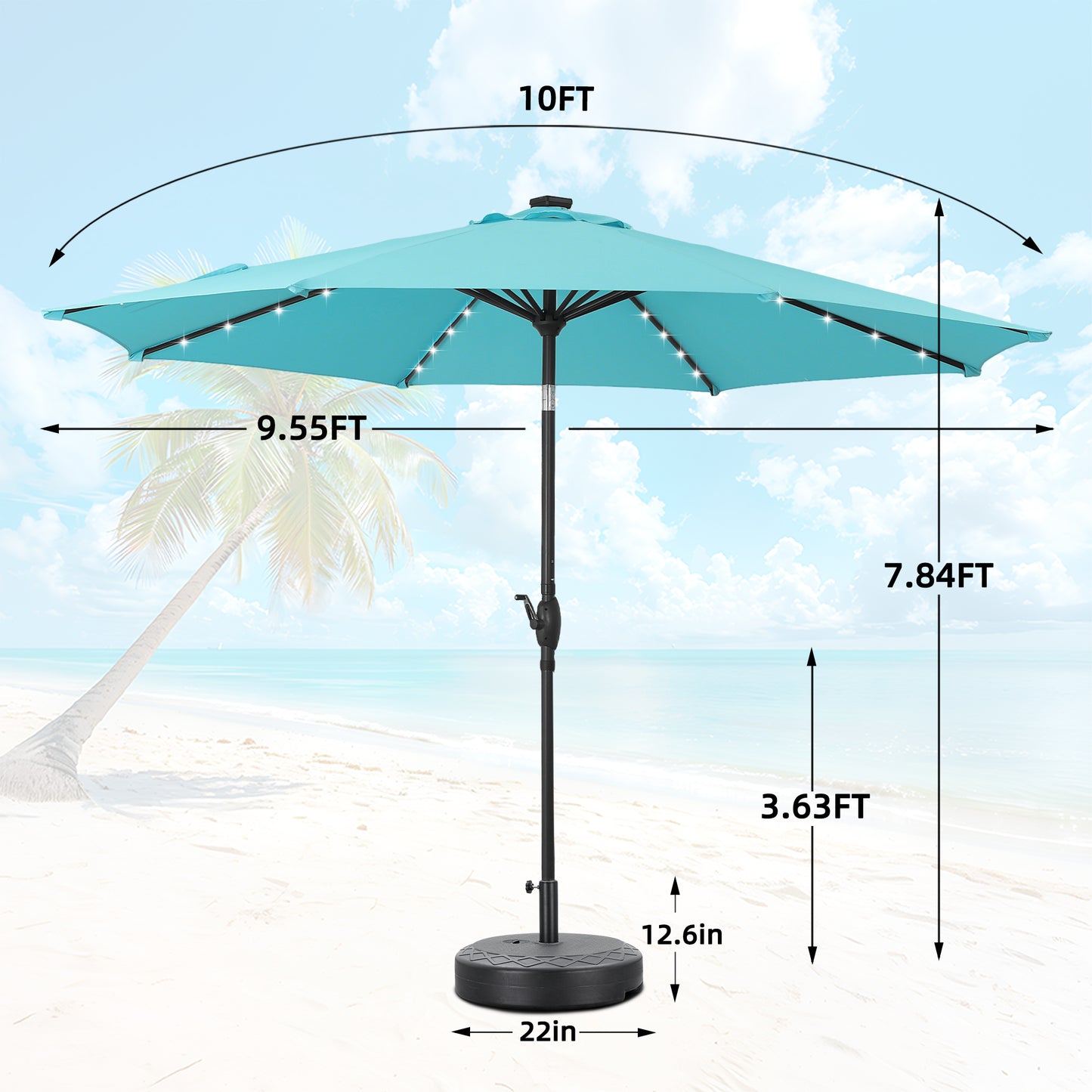 Autlaycil 10 ft Solar Patio Umbrellas and Base,  with 32 Lights for Market Outdoor Pool, Steel Tilt Crank-Blue
