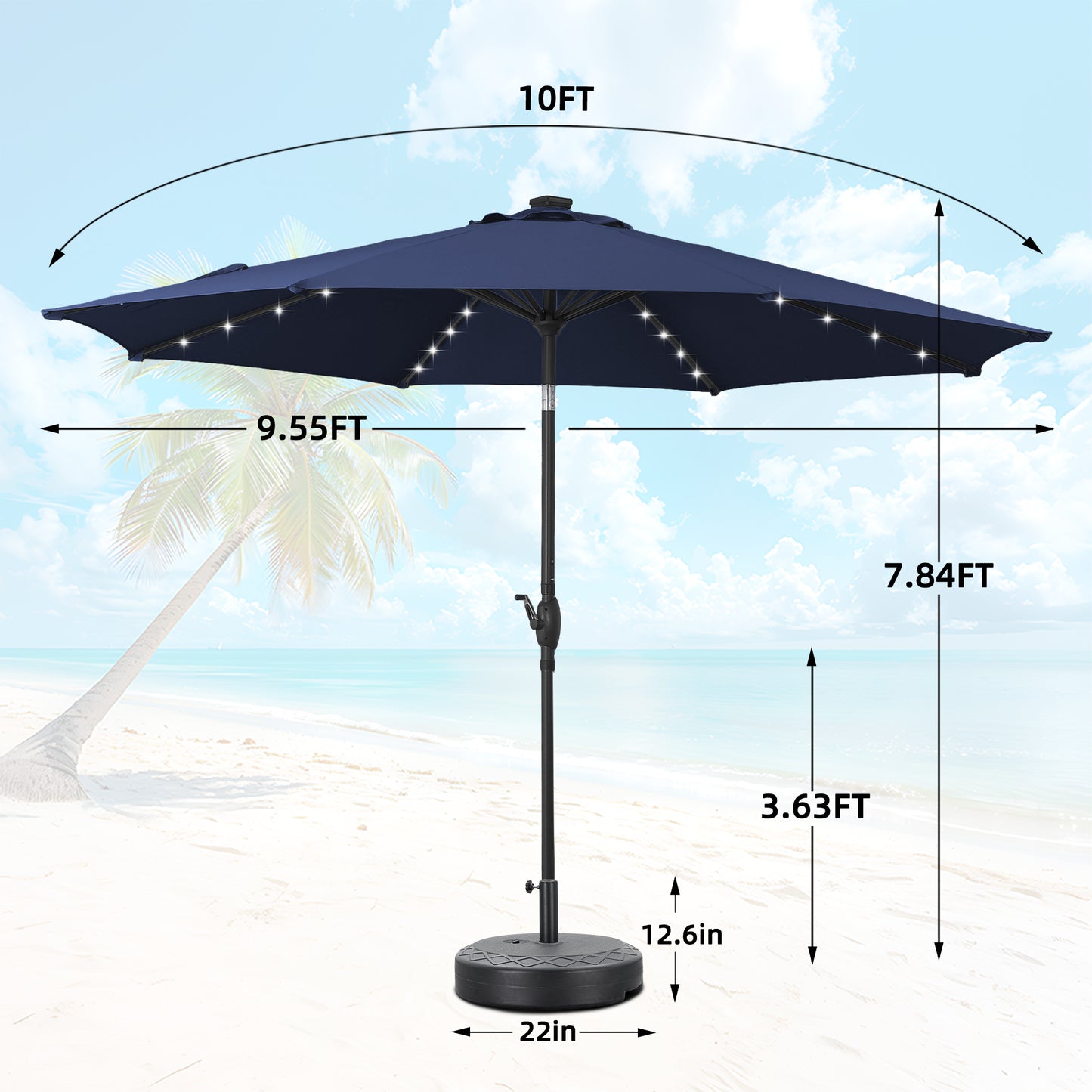 Autlaycil 10 ft Solar Patio Umbrellas and Base,  with 32 Lights for Market Outdoor Pool, Steel Tilt Crank-Navy Blue