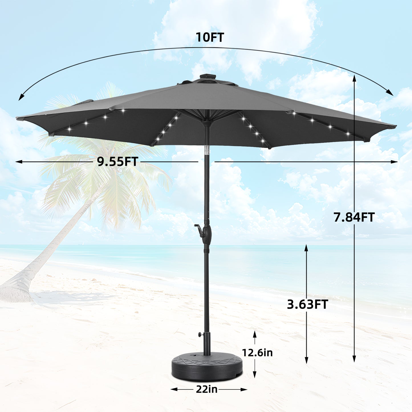 Autlaycil 10 ft Solar Patio Umbrellas and Base,  with 32 Lights for Market Outdoor Pool, Steel Tilt Crank-Grey