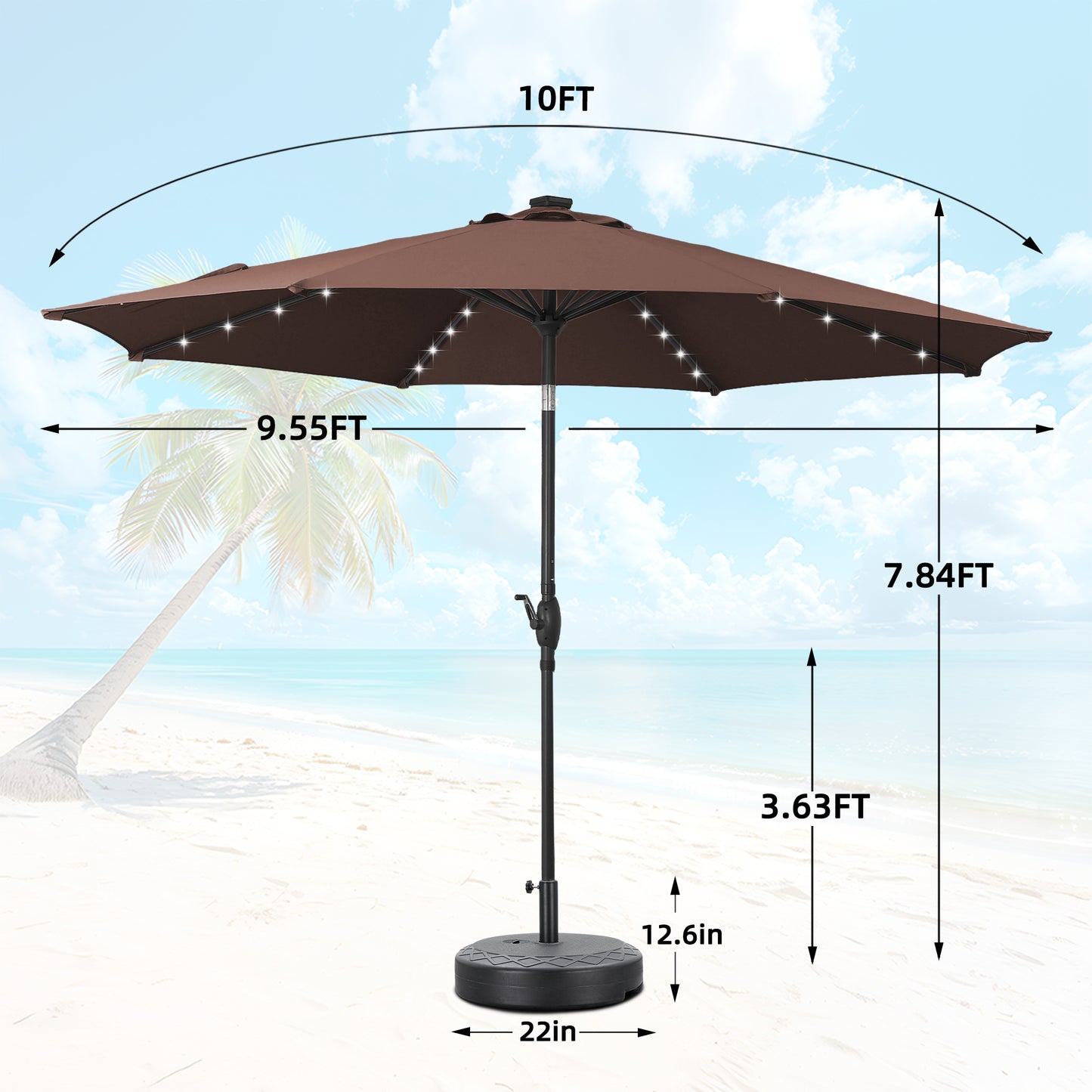 Autlaycil 10 ft Solar Patio Umbrellas and Base,  with 32 Lights for Market Outdoor Pool, Steel Tilt Crank-Coffee