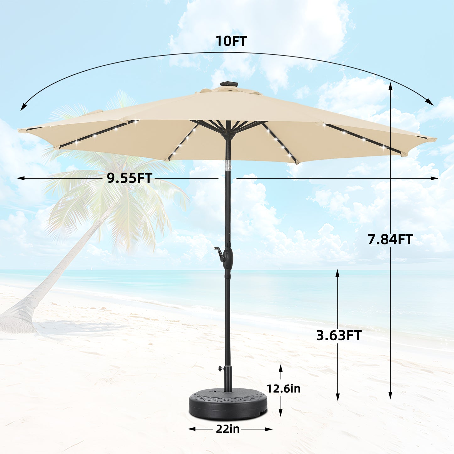 Autlaycil 10 ft Solar Patio Umbrellas and Base,  with 32 Lights for Market Outdoor Pool, Steel Tilt Crank-Khaki