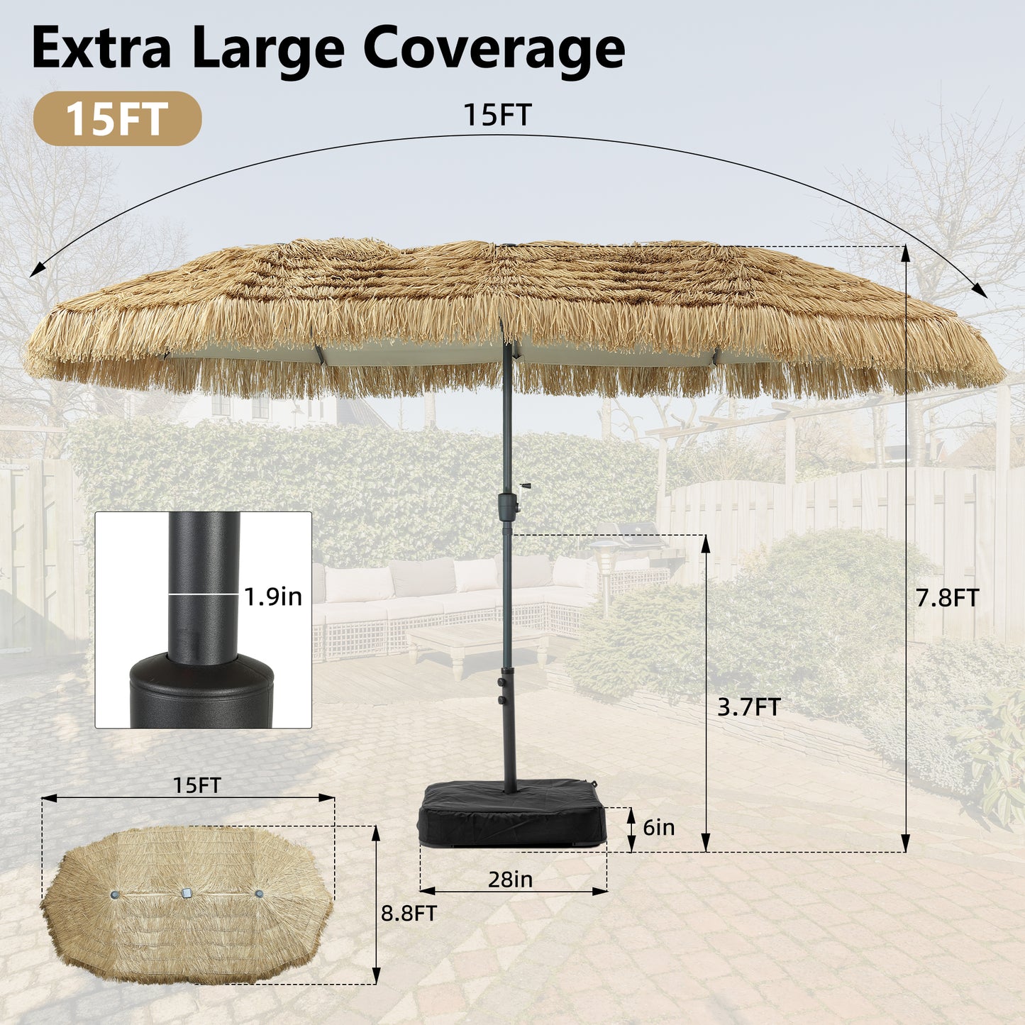 Autlaycil 15 ft Tiki Umbrella with Sandbags Base, Thatched, Hawaiian, Pool, Patio, Beach