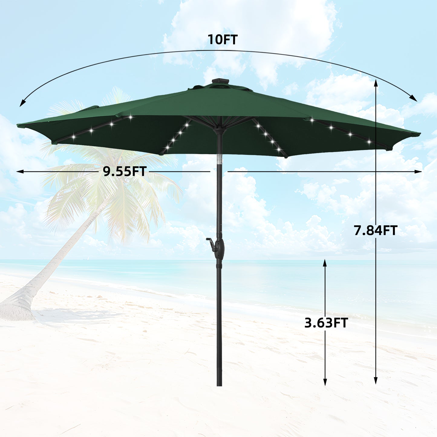 Autlaycil 10 ft Solar Patio Umbrellas with 32 Lights for Market Outdoor Pool, Steel Tilt Crank-Green