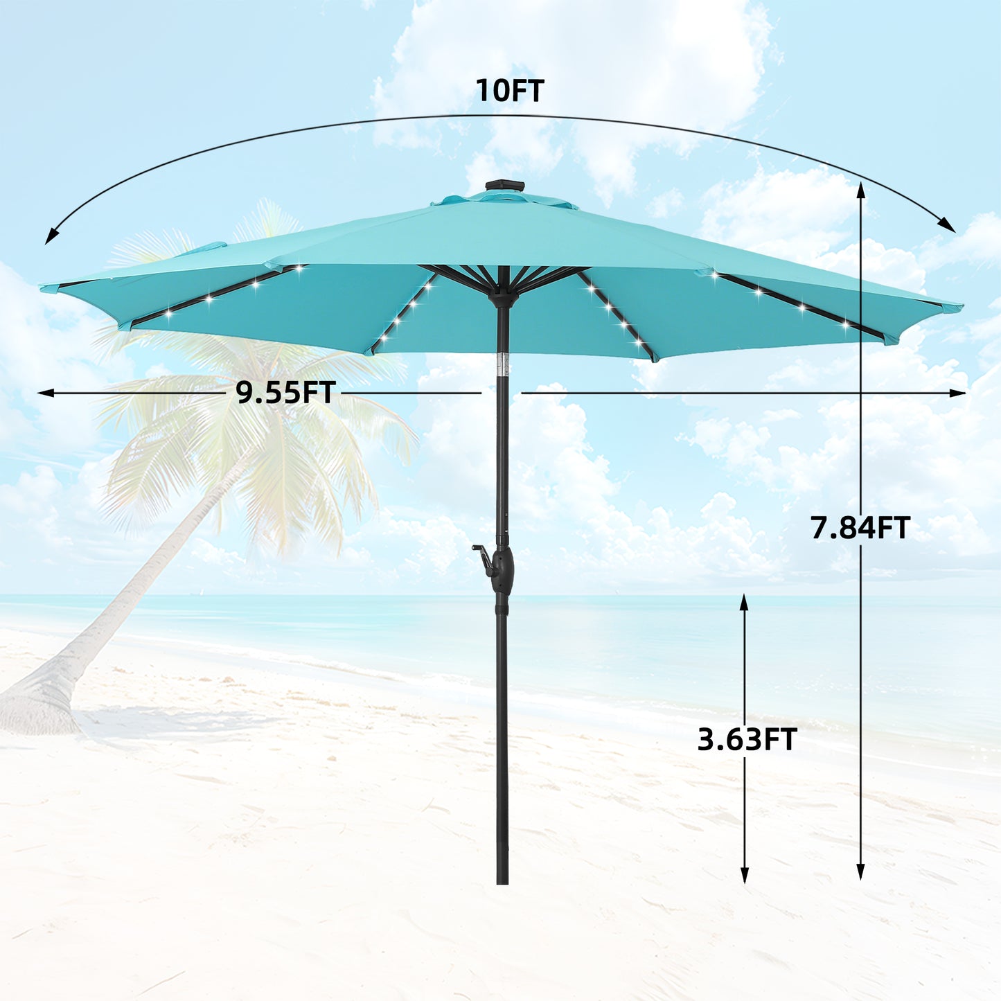 Autlaycil 10 ft Solar Patio Umbrellas with 32 Lights for Market Outdoor Pool, Steel Tilt Crank-Blue