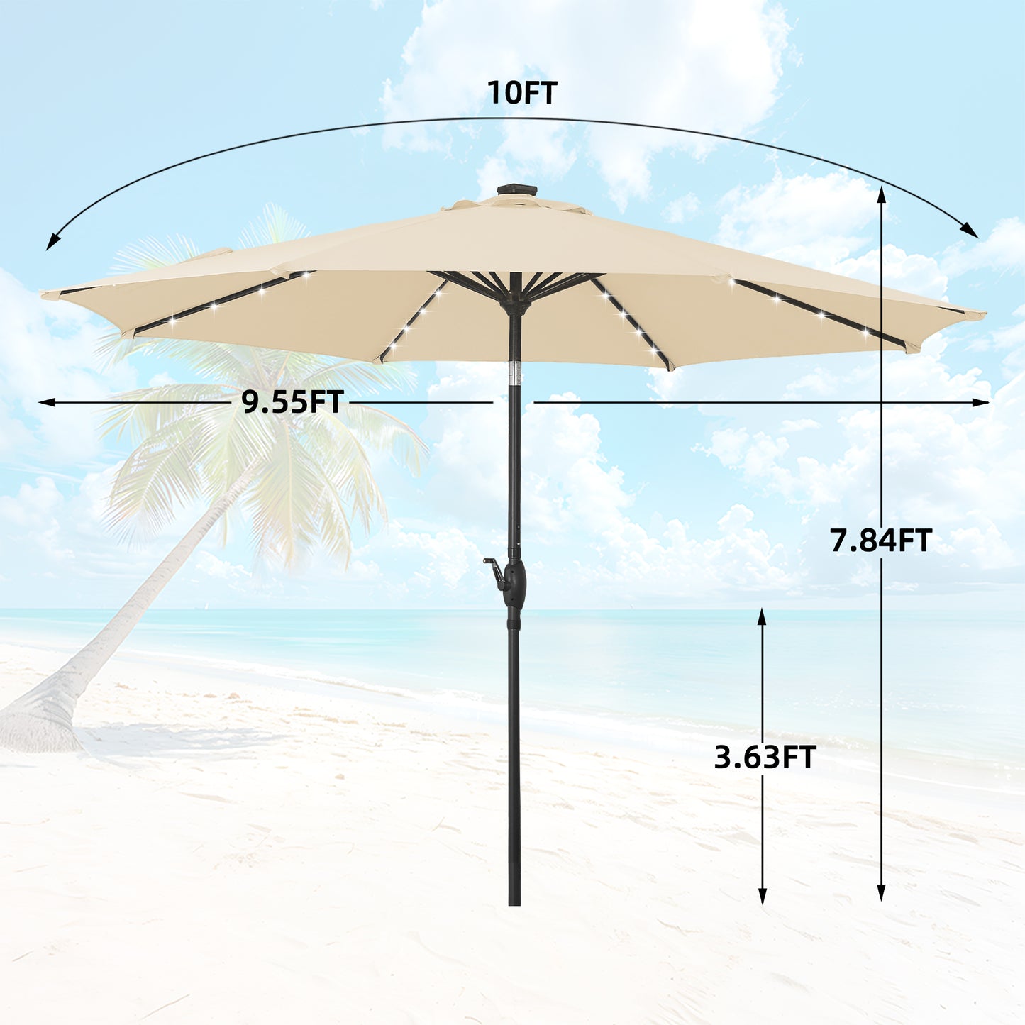 Autlaycil 10 ft Solar Patio Umbrellas with 32 Lights for Market Outdoor Pool, Steel Tilt Crank-Khaki