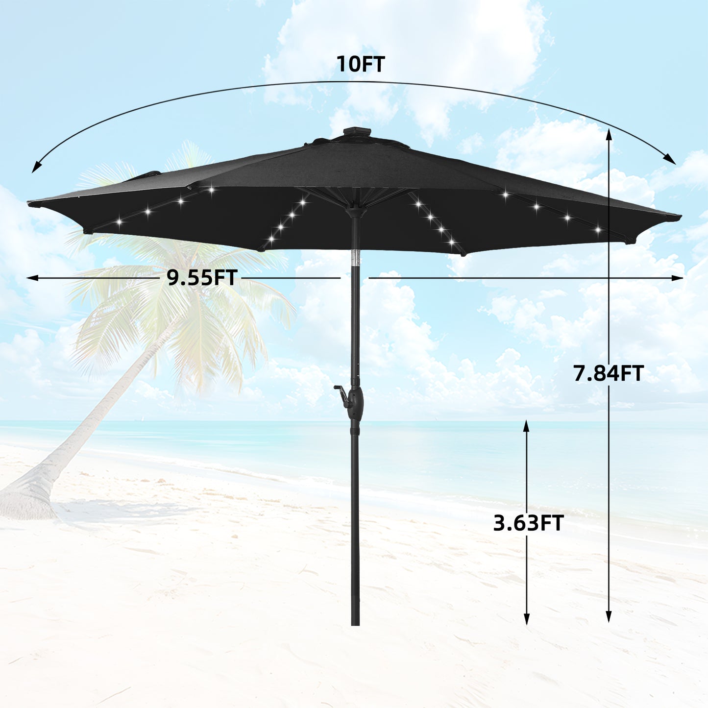 Autlaycil 10 ft Solar Patio Umbrellas with 32 Lights for Market Outdoor Pool, Steel Tilt Crank-Dark Black