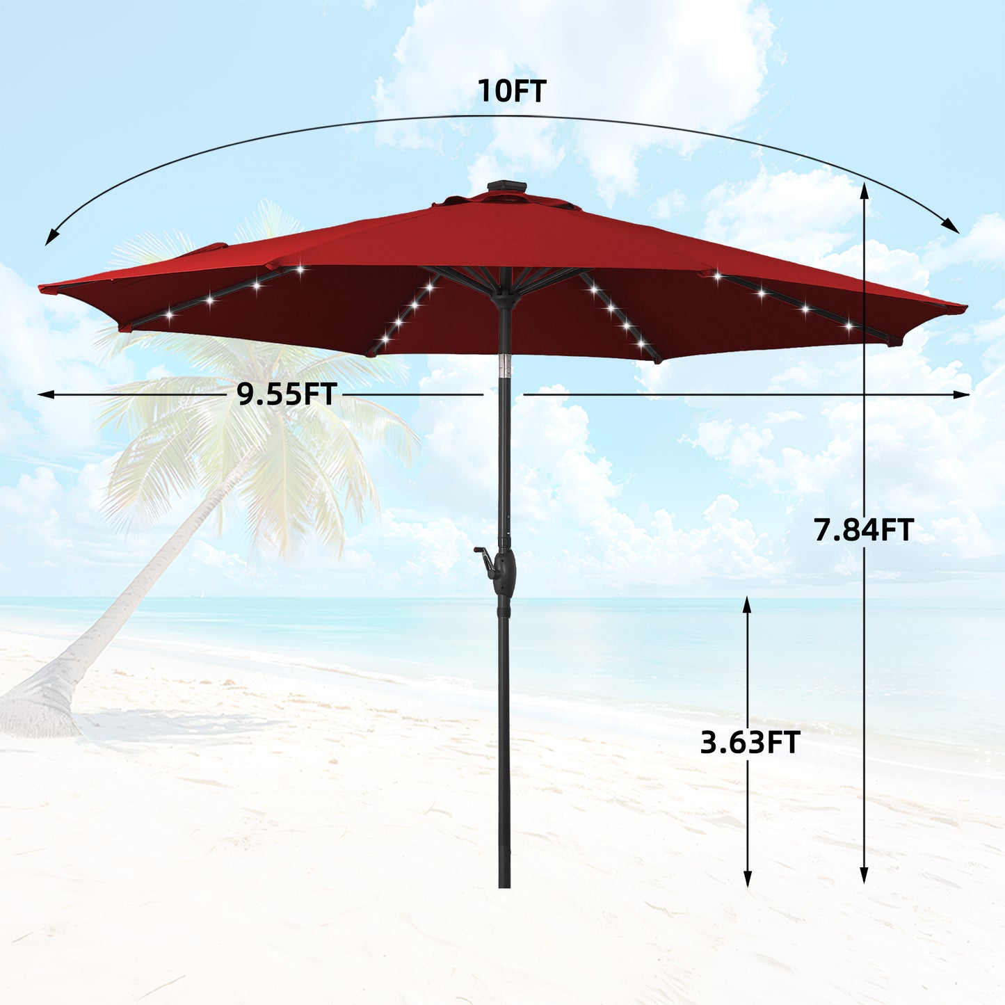 Autlaycil 10 ft Solar Patio Umbrellas with 32 Lights for Market Outdoor Pool, Steel Tilt Crank-Red