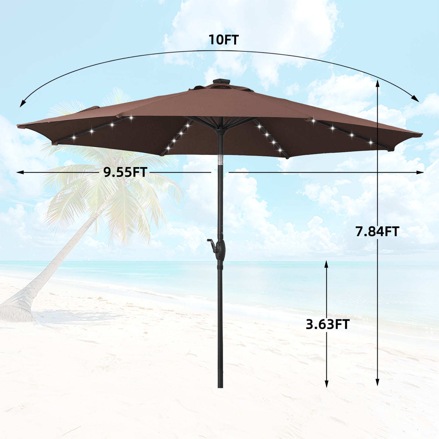 Autlaycil 10 ft Solar Patio Umbrellas with 32 Lights for Market Outdoor Pool, Steel Tilt Crank-Coffee