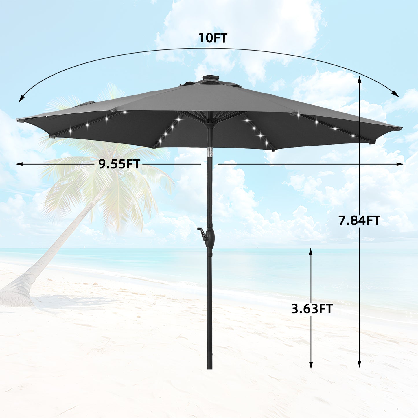 Autlaycil 10 ft Solar Patio Umbrellas with 32 Lights for Market Outdoor Pool, Steel Tilt Crank-Grey