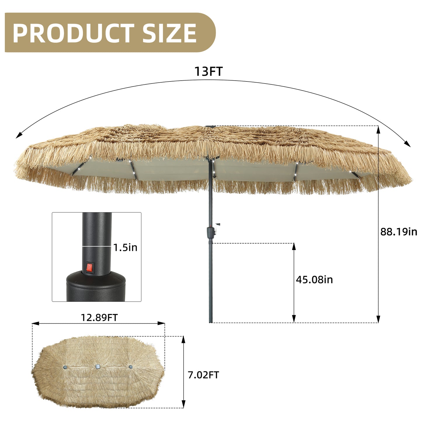 Autlaycil 13 ft Hula Tiki Patio Umbrella and 36 Lights, Hawaiian Style, Pool, Patio, Beach