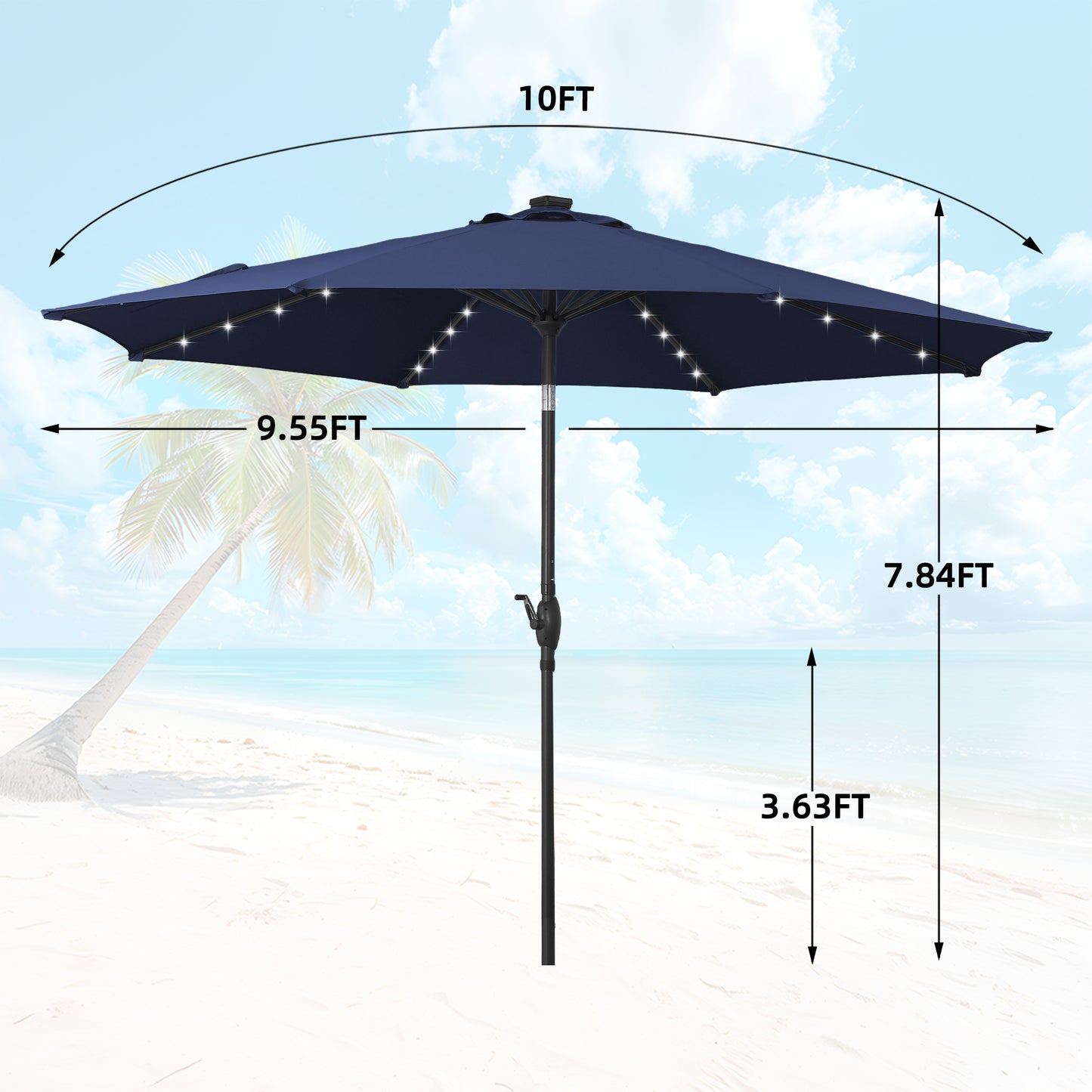 Autlaycil 10 ft Solar Patio Umbrellas with 32 Lights for Market Outdoor Pool, Steel Tilt Crank-Navy Blue