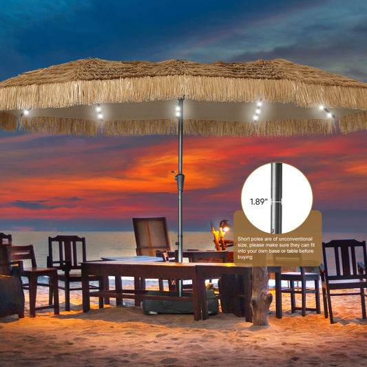 Autlaycil 15 ft  Solar Tiki Umbrella  with Umbrella Base and Sand Bags, 48 LED Lights, Thatched, Hawaiian, Pool, Patio, Beach