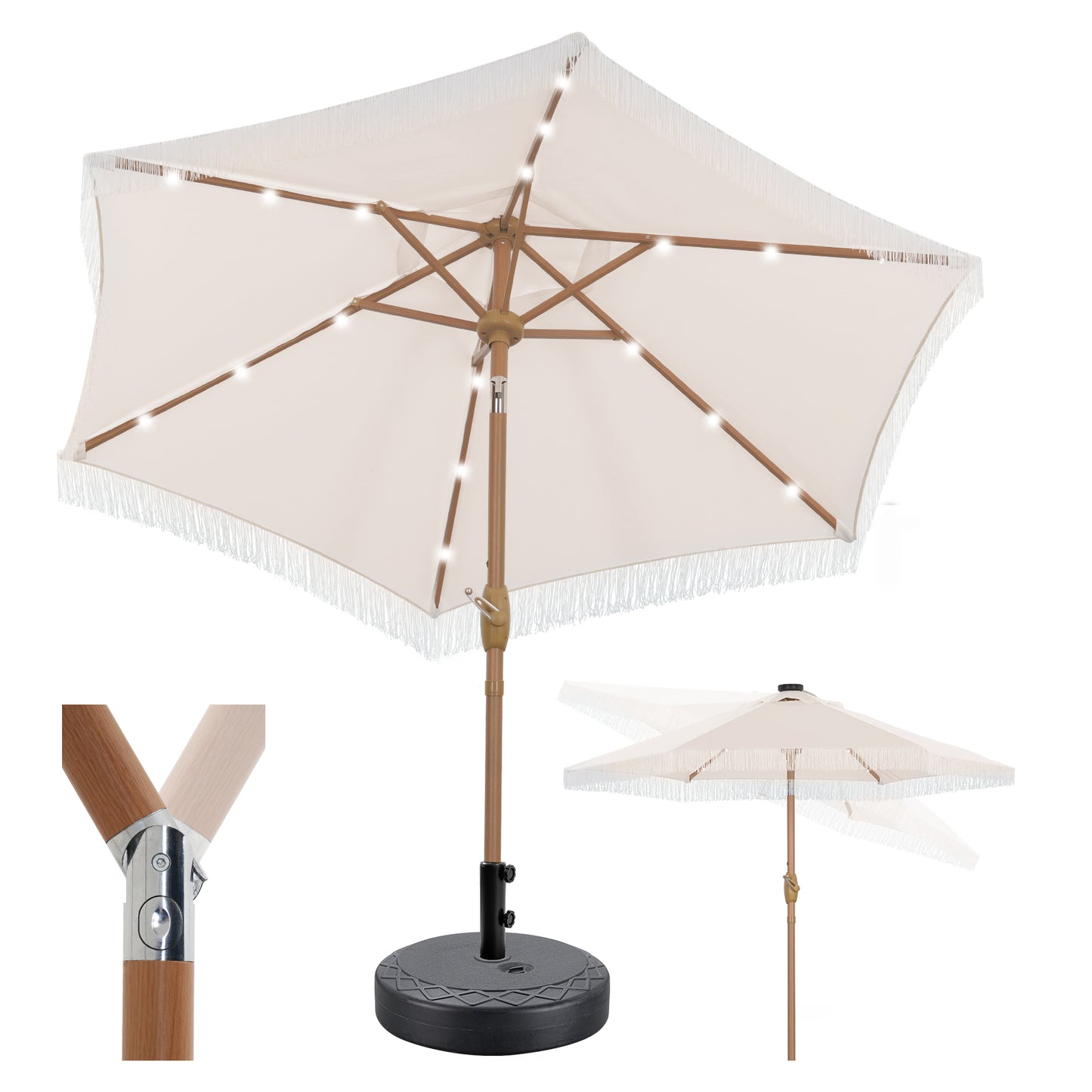 Autlaycil 7.5 ft Patio Tassel Umbrella with Base, 18 LED Lights Solar Umbrella (Beige)