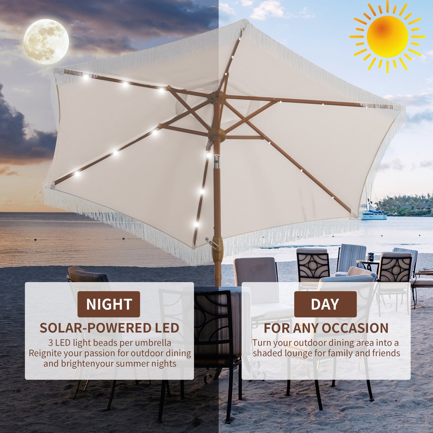 Autlaycil 7.5 ft Patio Umbrella with Tassel Fringe Stylish, 18 LED Lights Solar Umbrella (Beige)