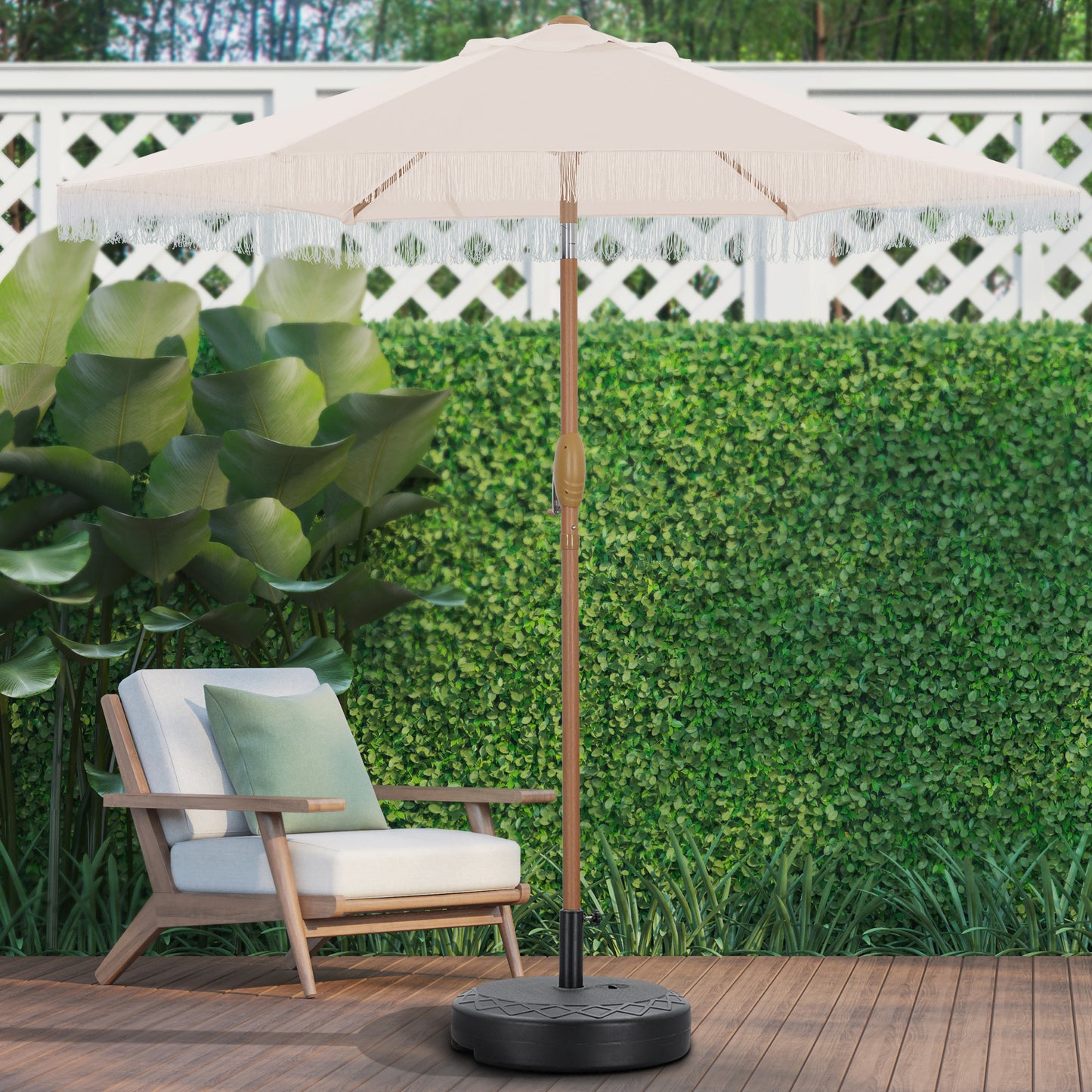 Autlaycil 7.5 ft Patio Umbrella with Fringe, Beach Pool and Yard with Umbrella Base, Beige