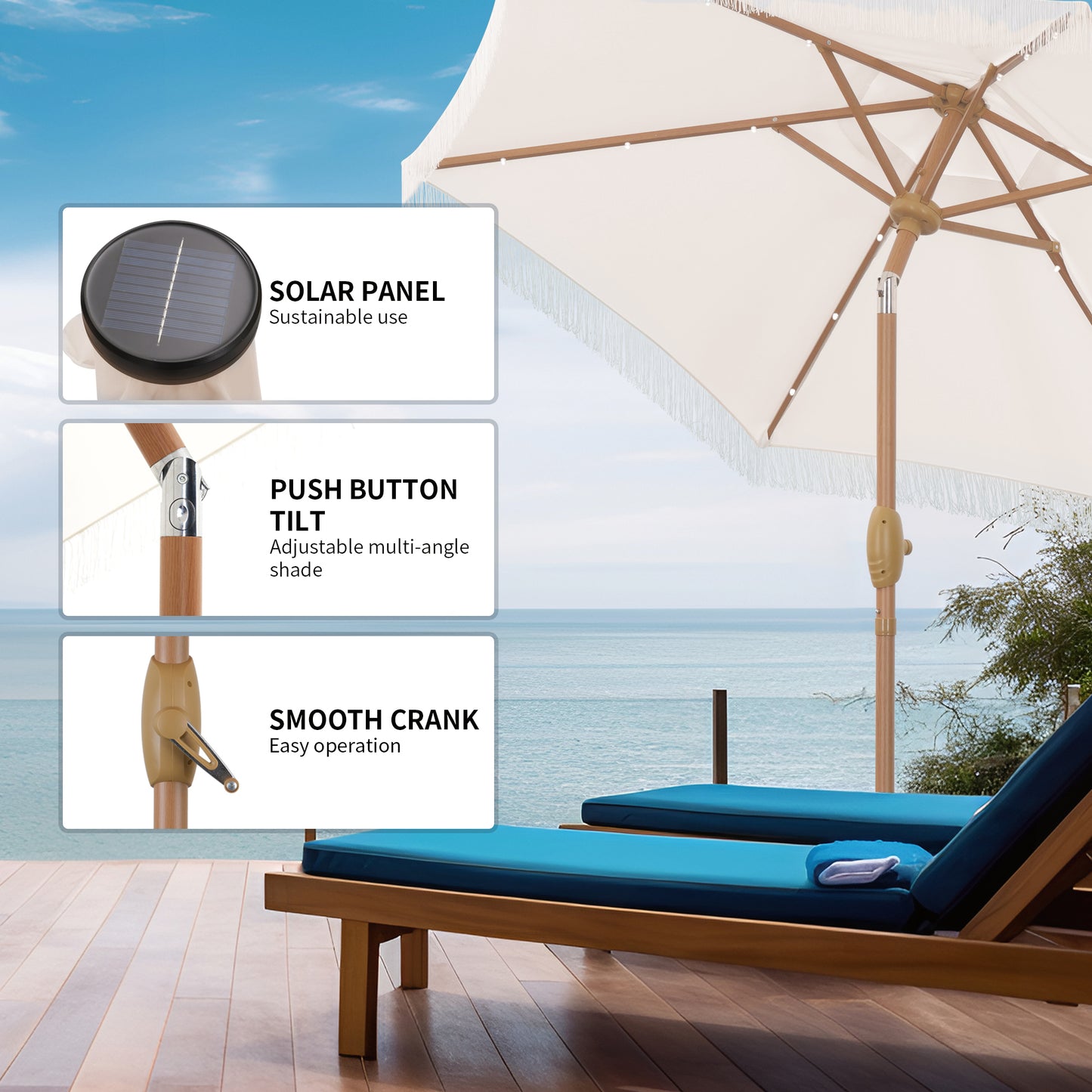 Autlaycil 7.5 ft Patio Umbrella and Umbrella Base with Tassel Fringe Stylish, 18 LED Lights Solar Umbrella (Beige)