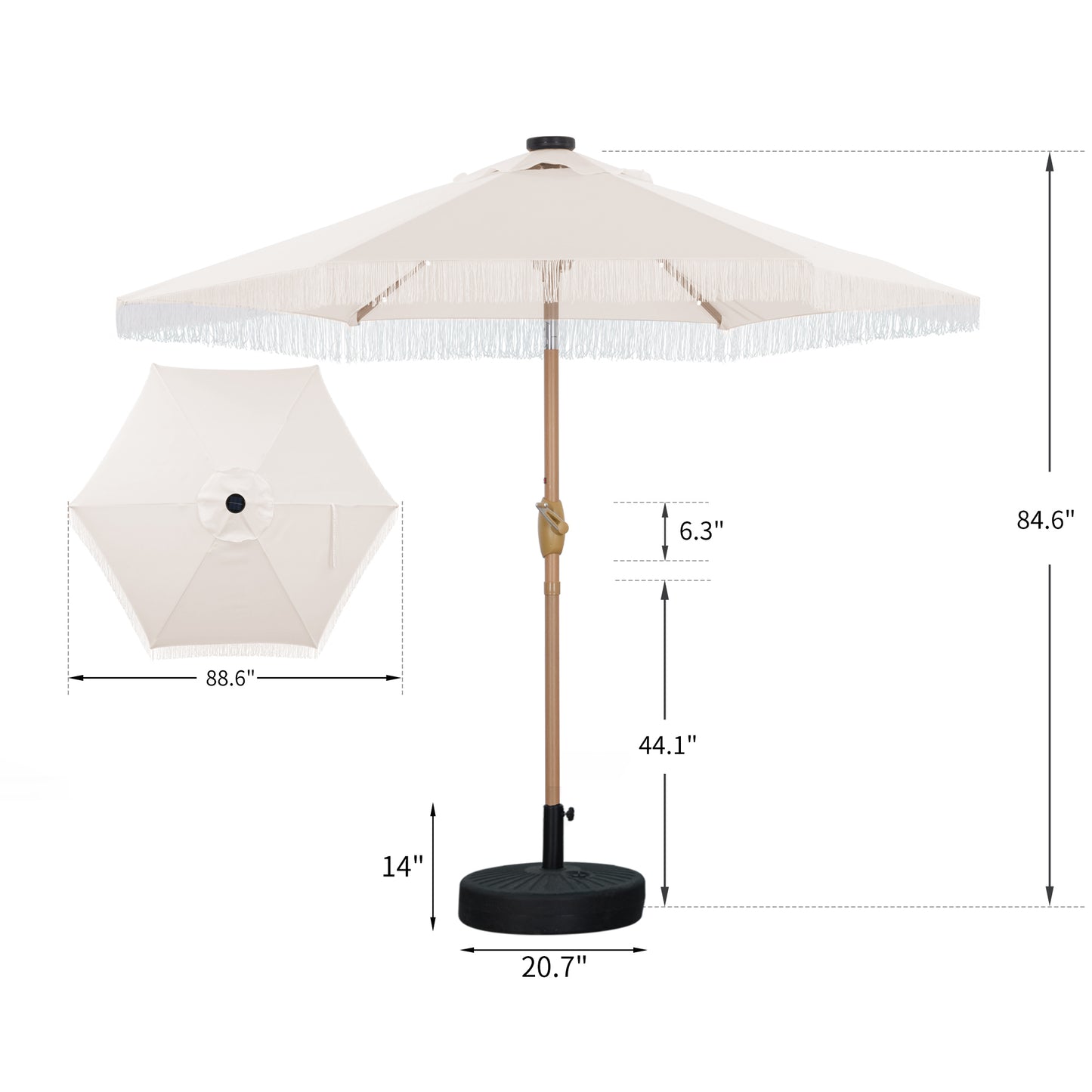 Autlaycil 7.5 ft Patio Umbrella and Umbrella Base with Tassel Fringe Stylish, 18 LED Lights Solar Umbrella (Beige)