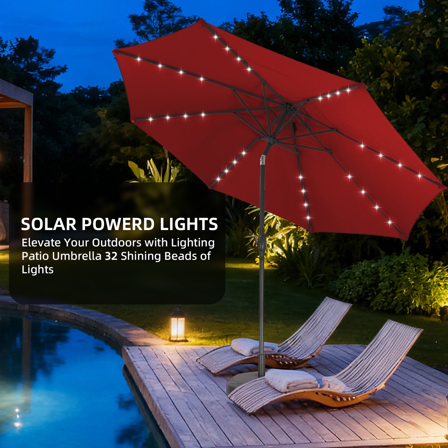 Autlaycil 10 FT Patio Umbrella with Base,  Steel Tilt and Crank, Includes 32 Solar LED Lights, Red