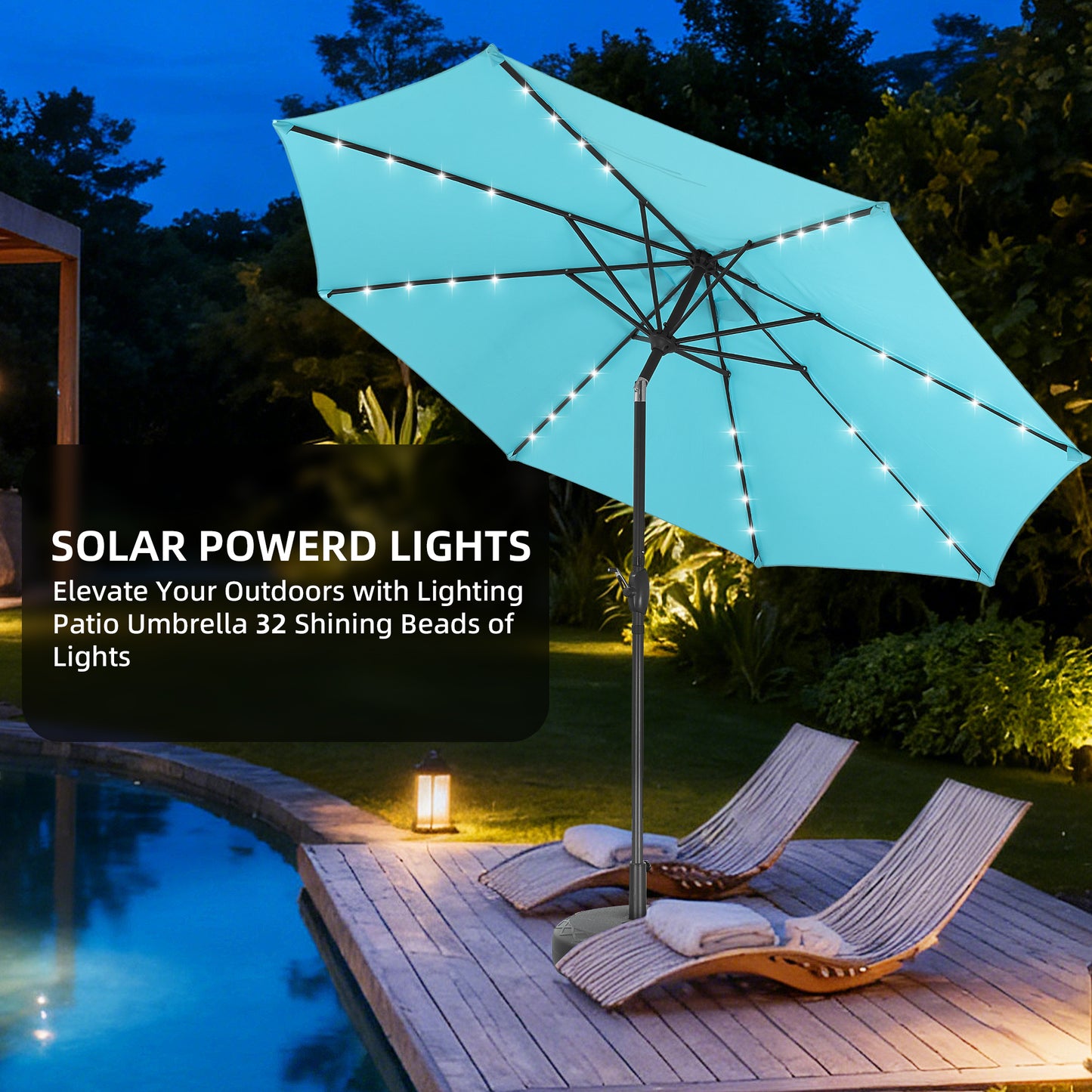 Autlaycil 10 FT Patio Umbrella with Base,  Steel Tilt and Crank, Includes 32 Solar LED Lights, Blue
