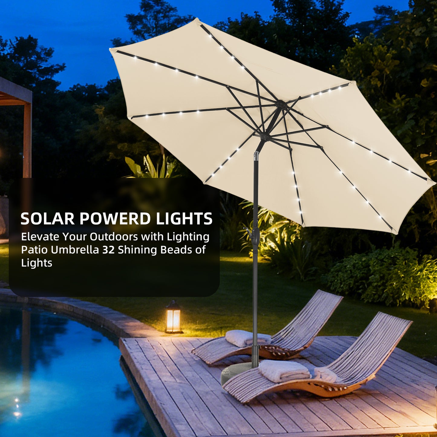 Autlaycil 10 FT Patio Umbrella with Base,  Steel Tilt and Crank, Includes 32 Solar LED Lights, Khaki