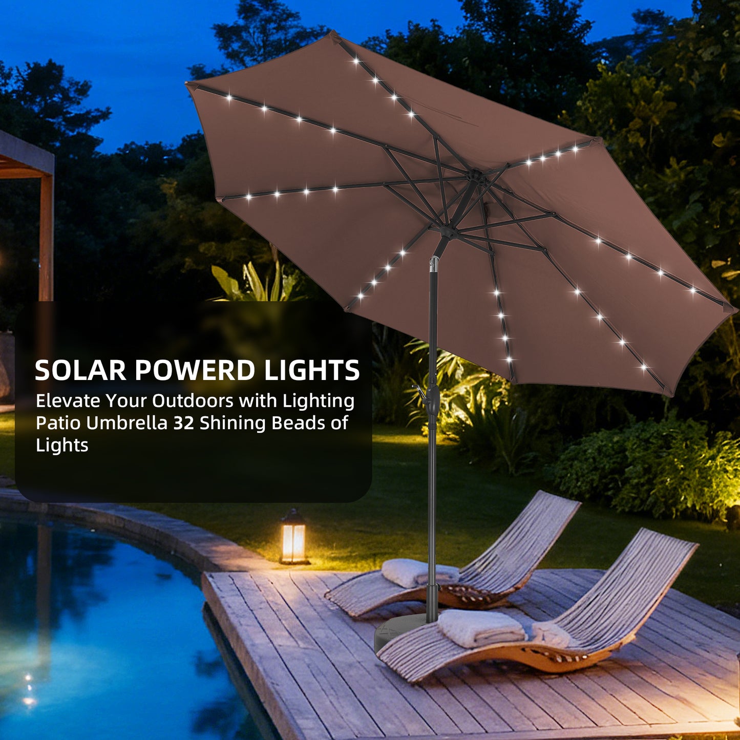 Autlaycil 10 FT Patio Umbrella with Base,  Steel Tilt and Crank, Includes 32 Solar LED Lights, Coffee