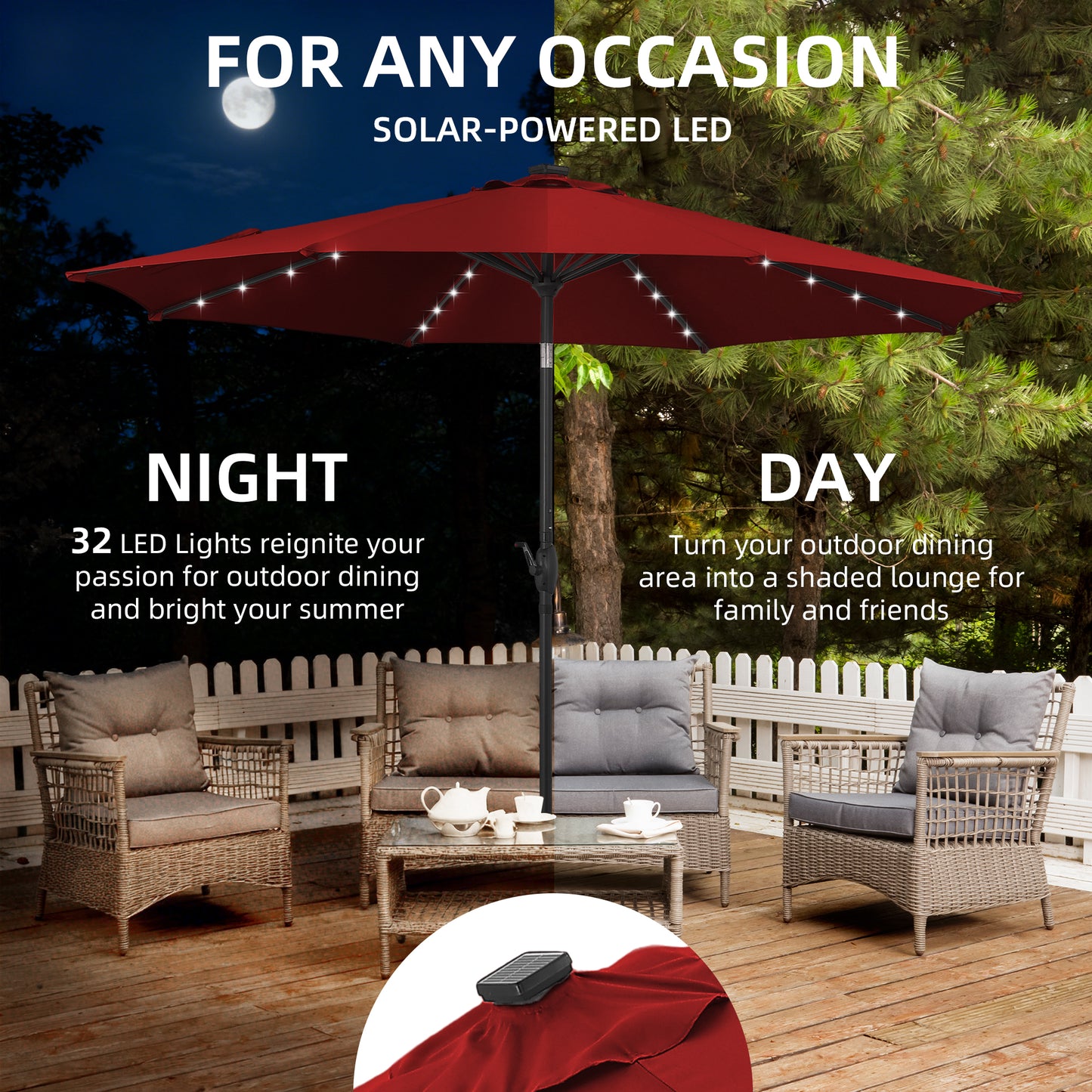 Autlaycil 10 ft Solar Patio Umbrellas and Base,  with 32 Lights for Market Outdoor Pool, Steel Tilt Crank-Red