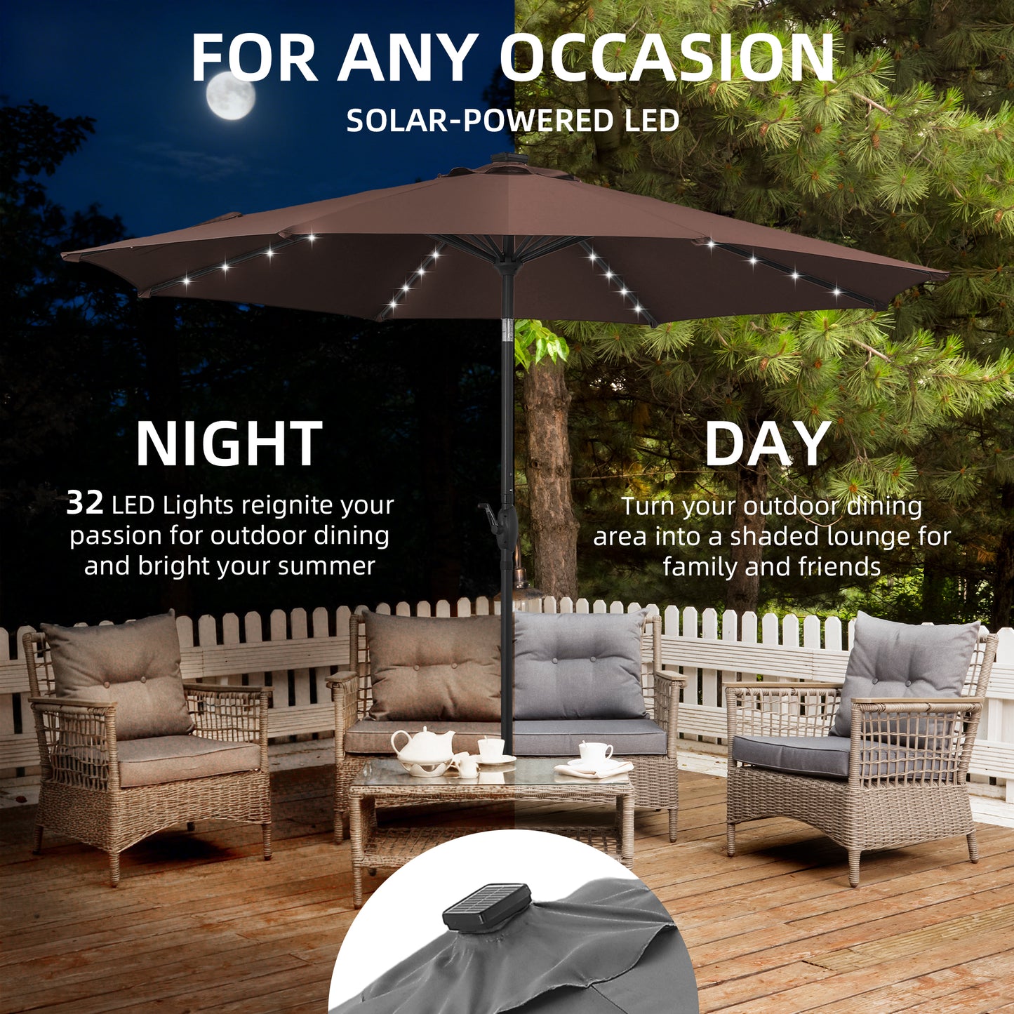 Autlaycil 10 ft Solar Patio Umbrellas and Base,  with 32 Lights for Market Outdoor Pool, Steel Tilt Crank-Coffee