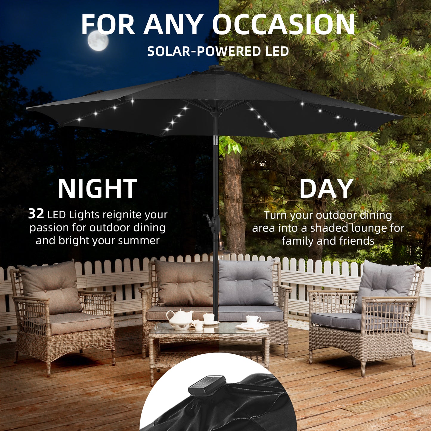 Autlaycil 10 ft Solar Patio Umbrellas and Base,  with 32 Lights for Market Outdoor Pool, Steel Tilt Crank-Dark Black