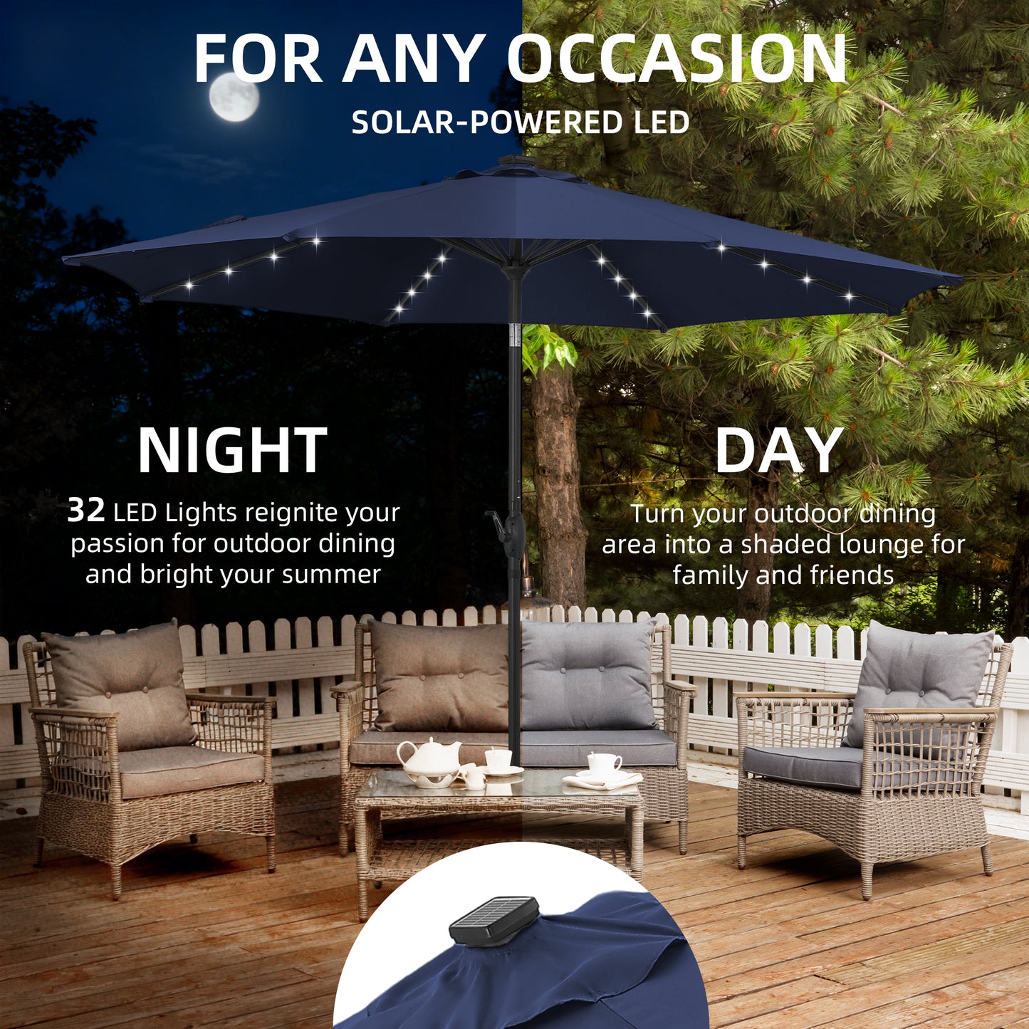 Autlaycil 10 ft Solar Patio Umbrellas and Base,  with 32 Lights for Market Outdoor Pool, Steel Tilt Crank-Navy Blue
