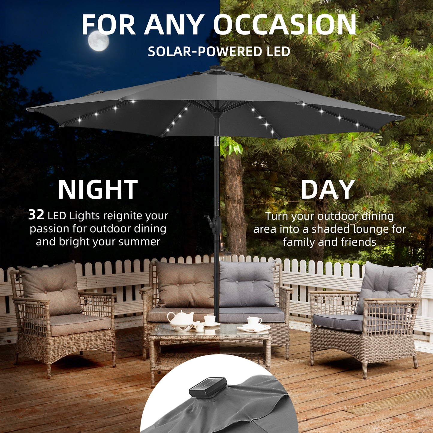 Autlaycil 10 ft Solar Patio Umbrellas and Base,  with 32 Lights for Market Outdoor Pool, Steel Tilt Crank-Grey