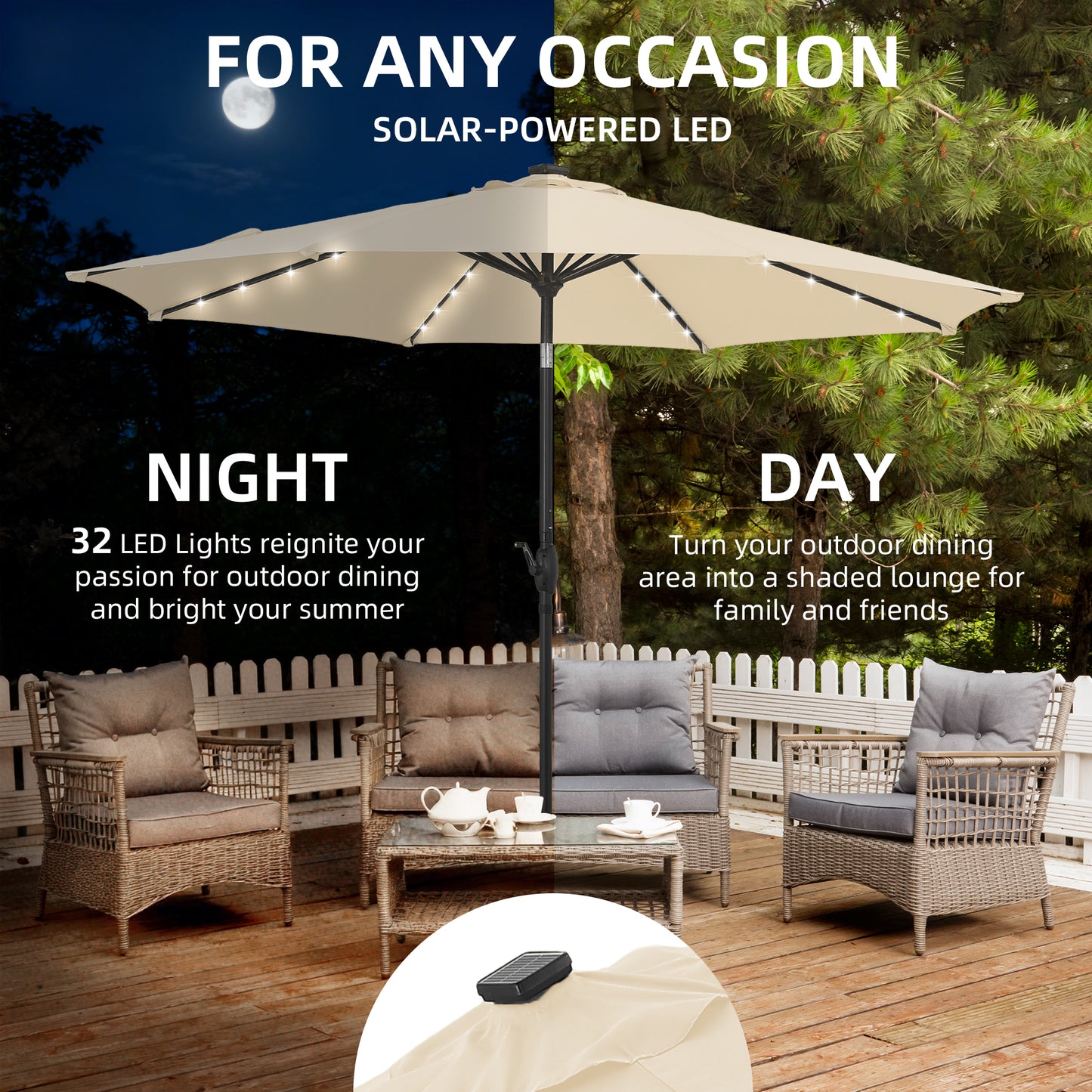 Autlaycil 10 ft Solar Patio Umbrellas and Base,  with 32 Lights for Market Outdoor Pool, Steel Tilt Crank-Khaki