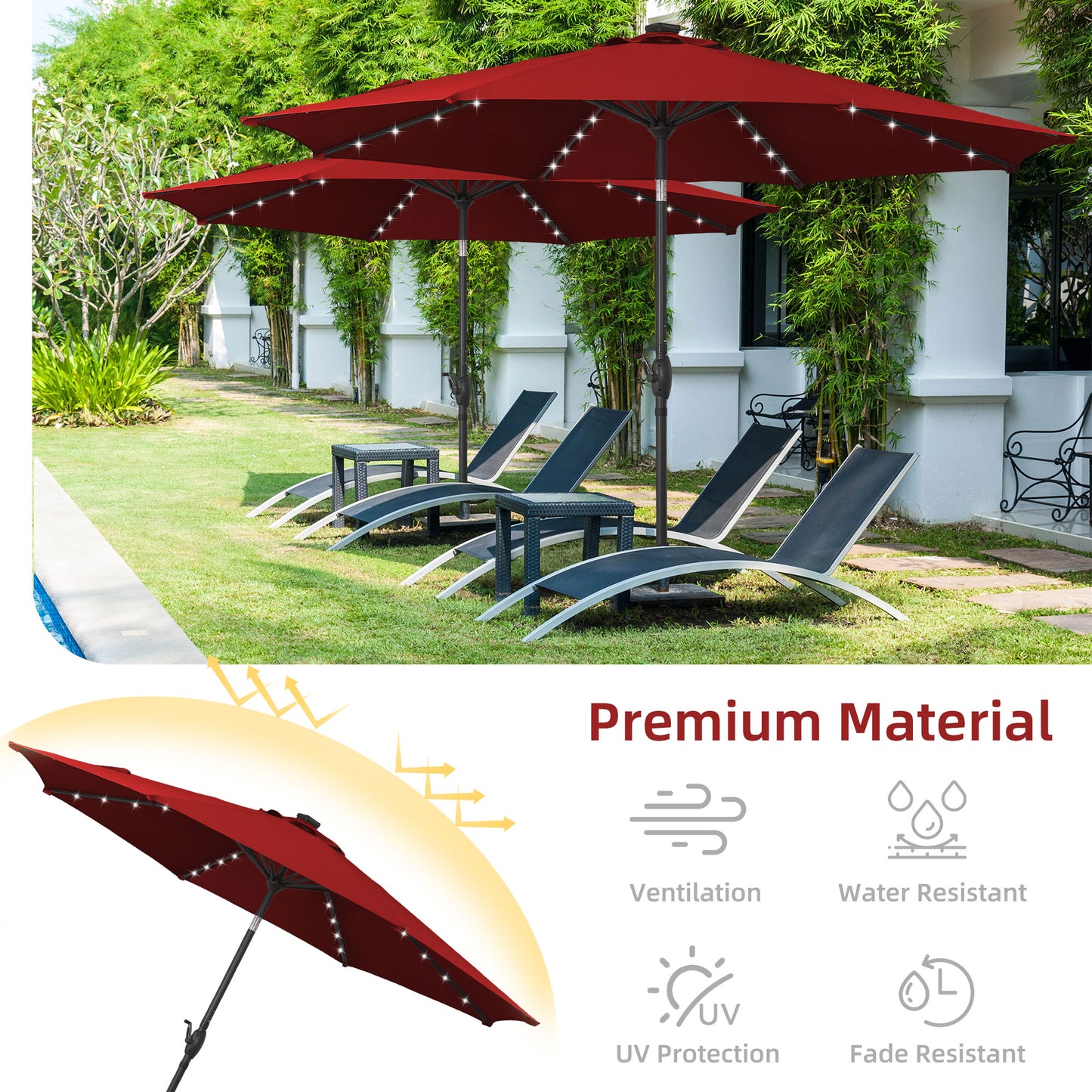 Autlaycil 10 FT Patio Umbrella with Base,  Steel Tilt and Crank, Includes 32 Solar LED Lights, Red