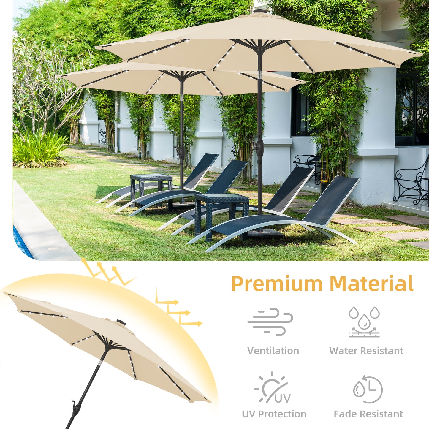 Autlaycil 10 FT Patio Umbrella with Base,  Steel Tilt and Crank, Includes 32 Solar LED Lights, Khaki