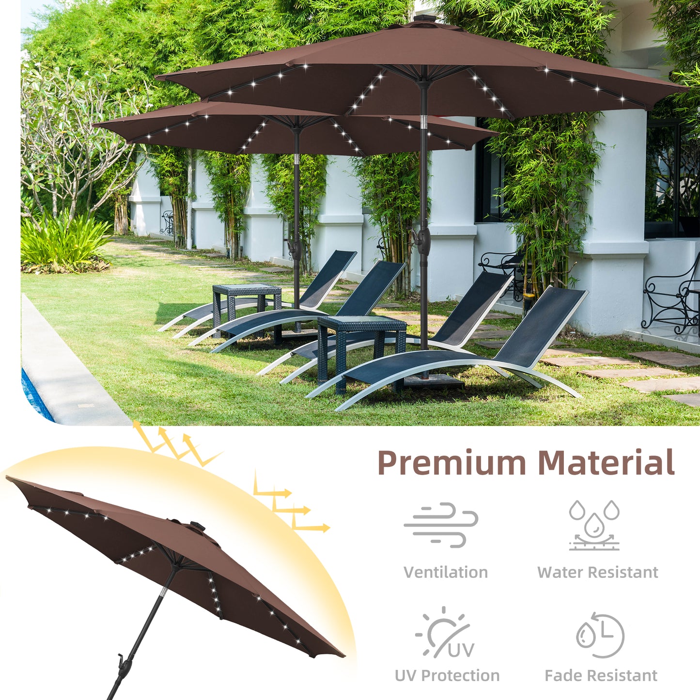 Autlaycil 10 FT Patio Umbrella with Base,  Steel Tilt and Crank, Includes 32 Solar LED Lights, Coffee