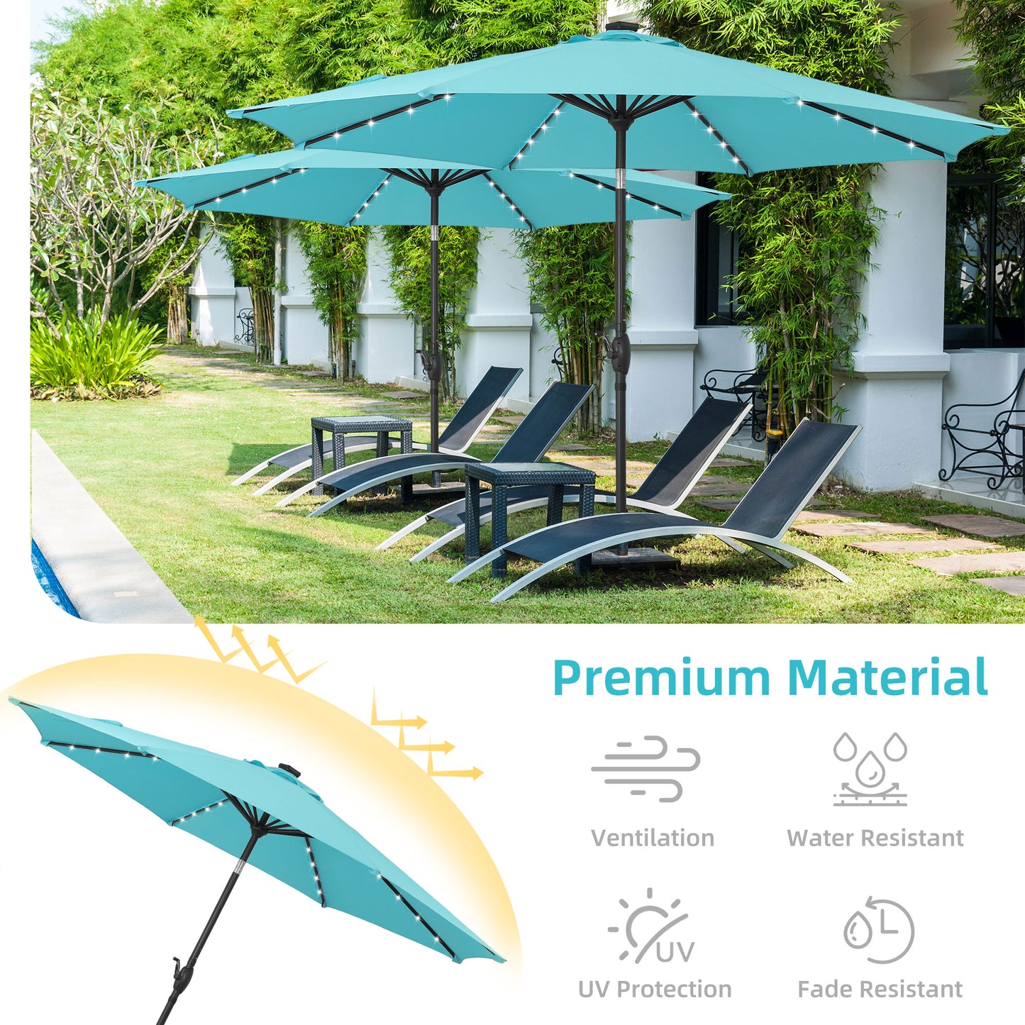 Autlaycil 10 FT Patio Umbrella with Base,  Steel Tilt and Crank, Includes 32 Solar LED Lights, Blue