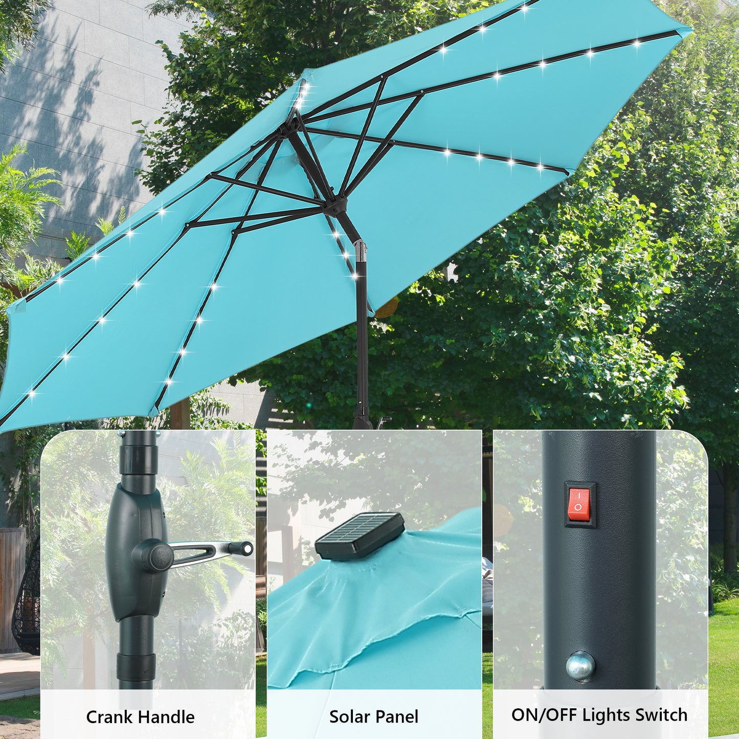 Autlaycil 10 FT Patio Umbrella with Base,  Steel Tilt and Crank, Includes 32 Solar LED Lights, Blue