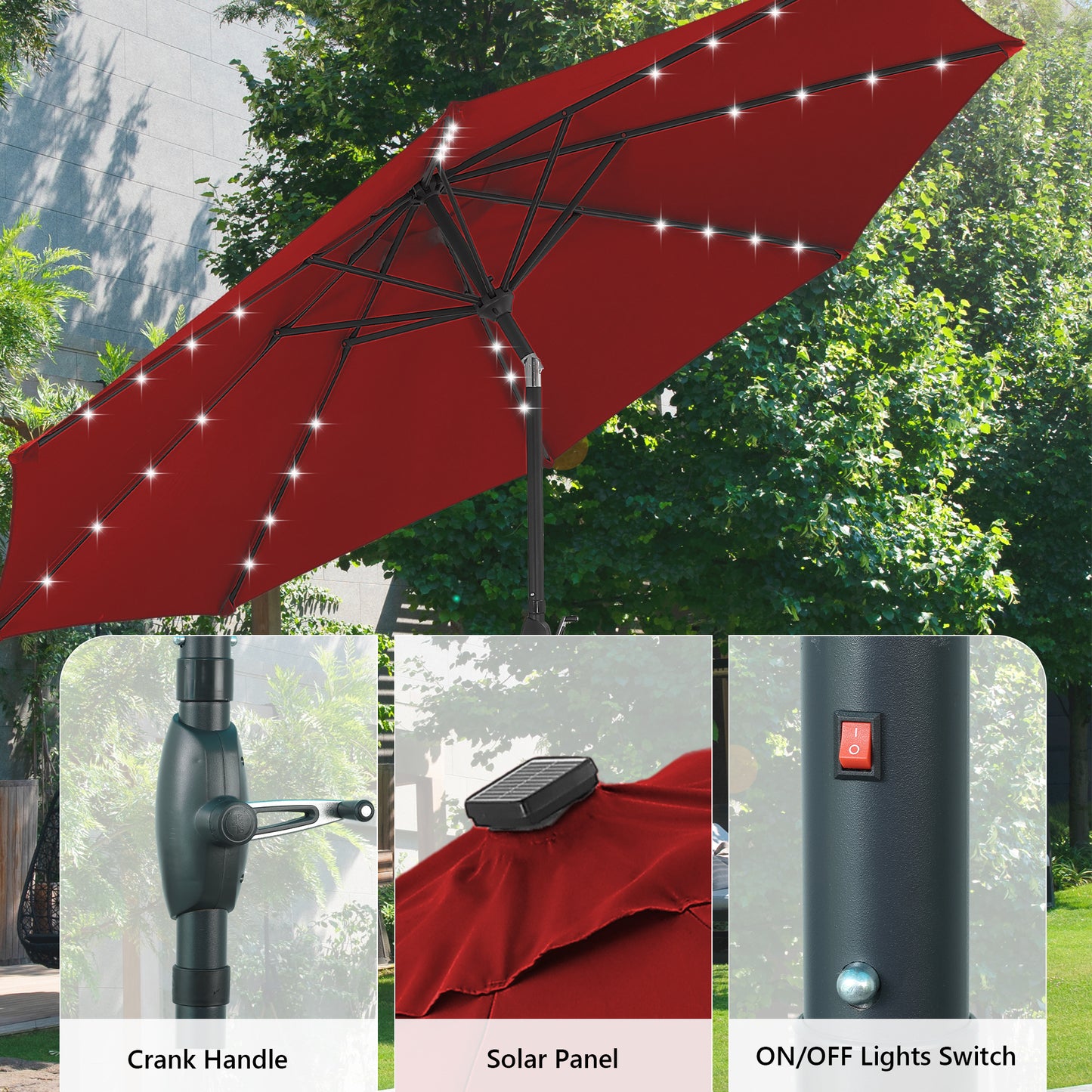 Autlaycil 10 FT Patio Umbrella with Base,  Steel Tilt and Crank, Includes 32 Solar LED Lights, Red