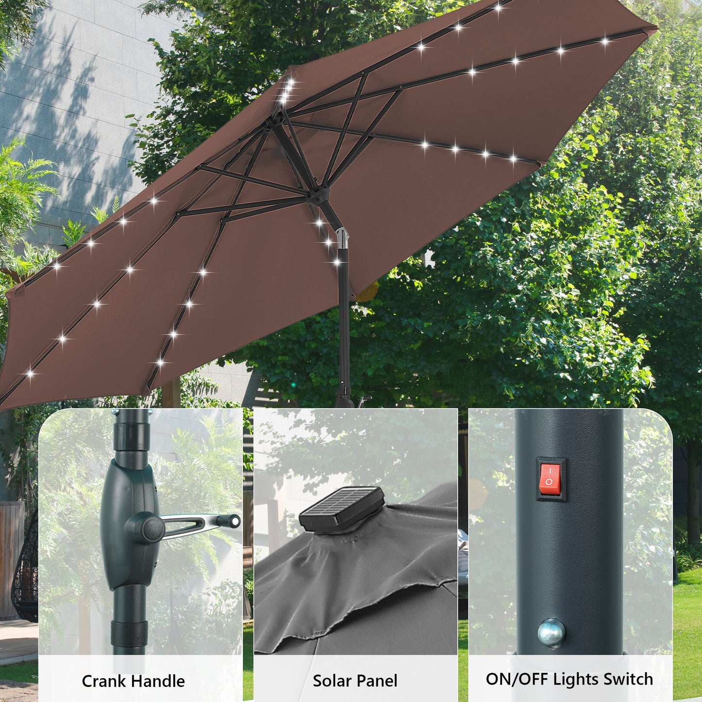 Autlaycil 10 FT Patio Umbrella with Base,  Steel Tilt and Crank, Includes 32 Solar LED Lights, Coffee