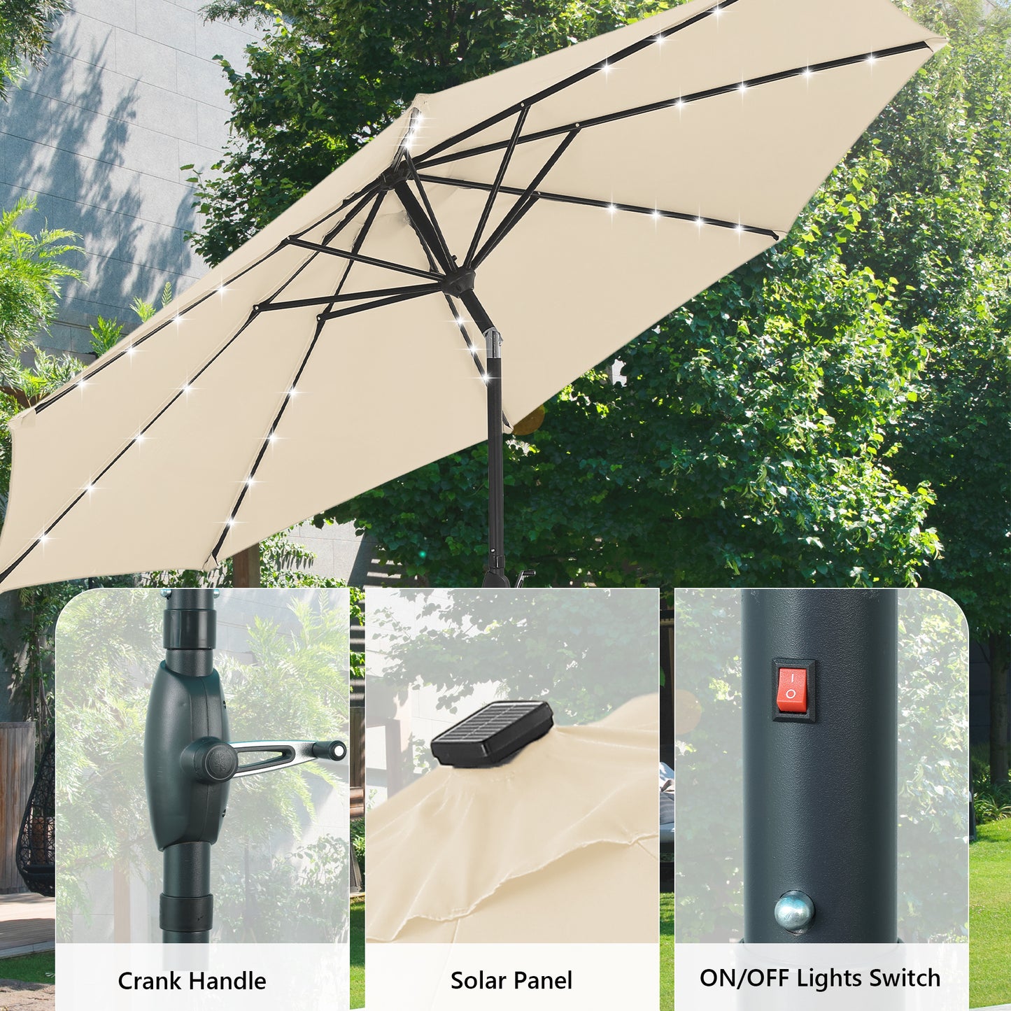 Autlaycil 10 FT Patio Umbrella with Base,  Steel Tilt and Crank, Includes 32 Solar LED Lights, Khaki