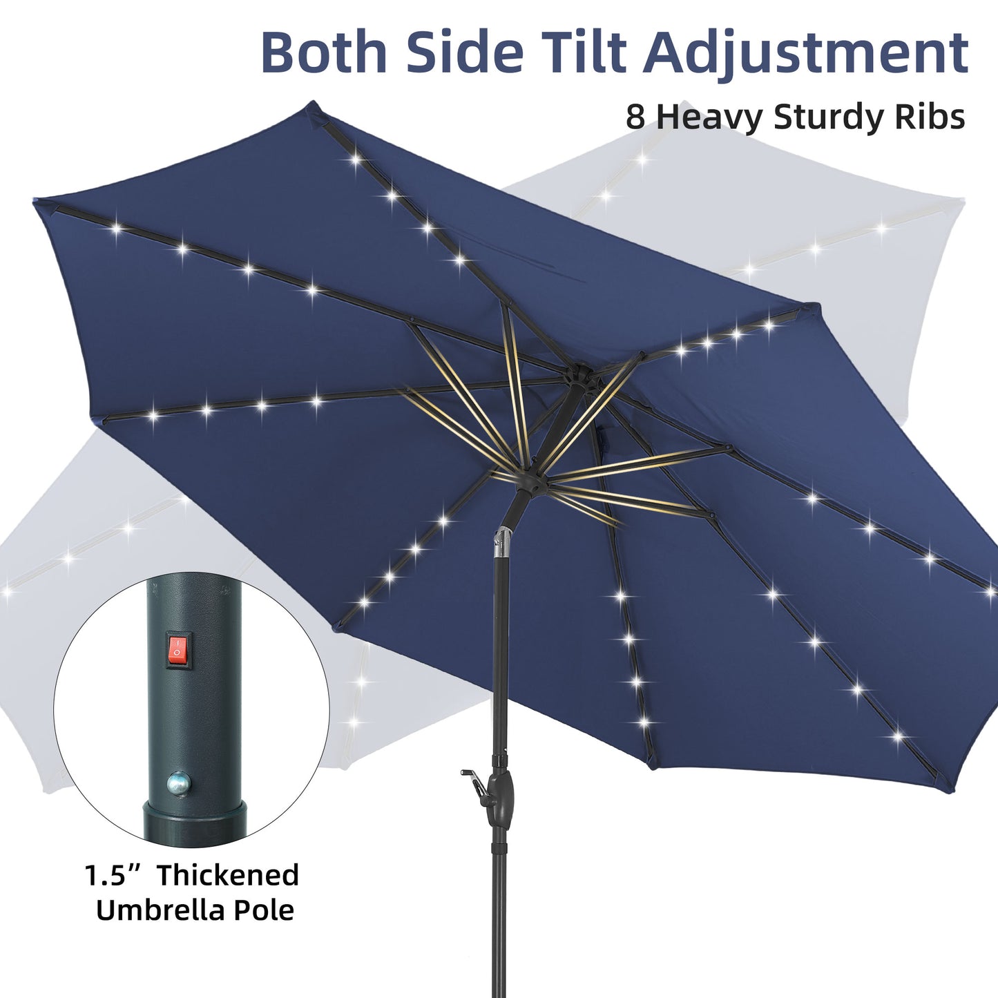 Autlaycil 10 ft Solar Patio Umbrellas and Base,  with 32 Lights for Market Outdoor Pool, Steel Tilt Crank-Navy Blue