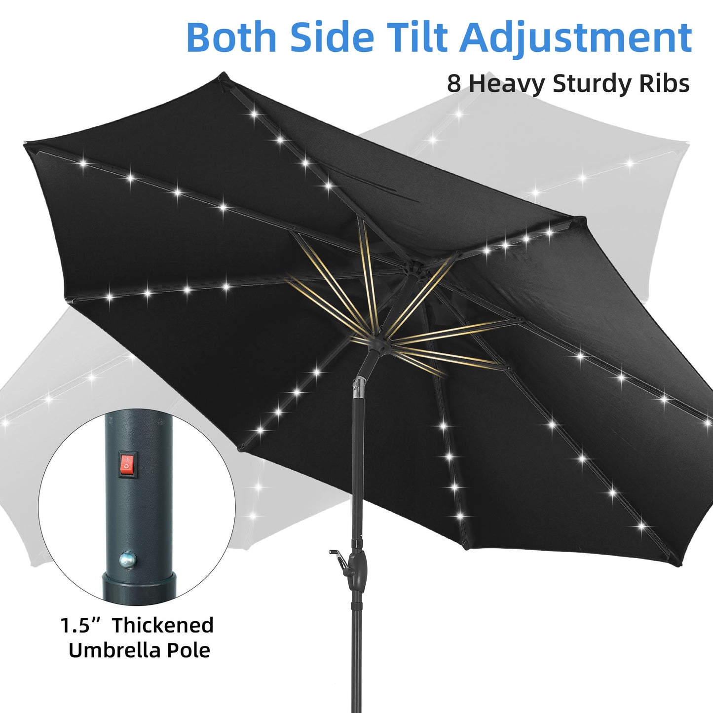 Autlaycil 10 ft Solar Patio Umbrellas and Base,  with 32 Lights for Market Outdoor Pool, Steel Tilt Crank-Dark Black