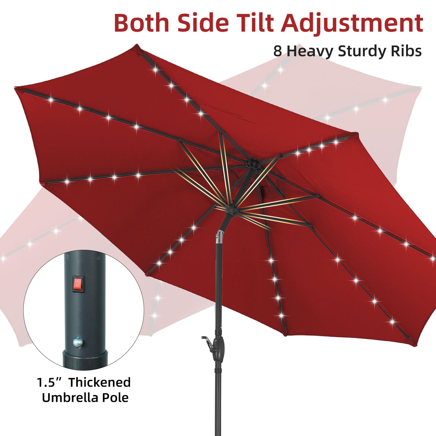 Autlaycil 10 ft Solar Patio Umbrellas and Base,  with 32 Lights for Market Outdoor Pool, Steel Tilt Crank-Red