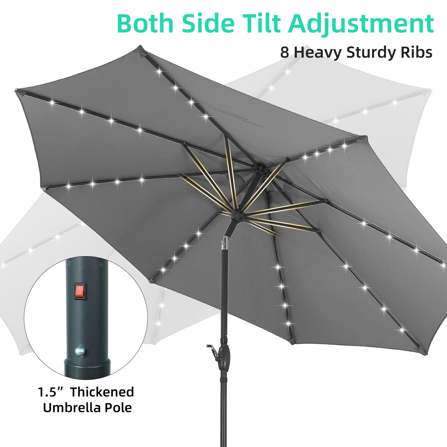 Autlaycil 10 ft Solar Patio Umbrellas and Base,  with 32 Lights for Market Outdoor Pool, Steel Tilt Crank-Grey