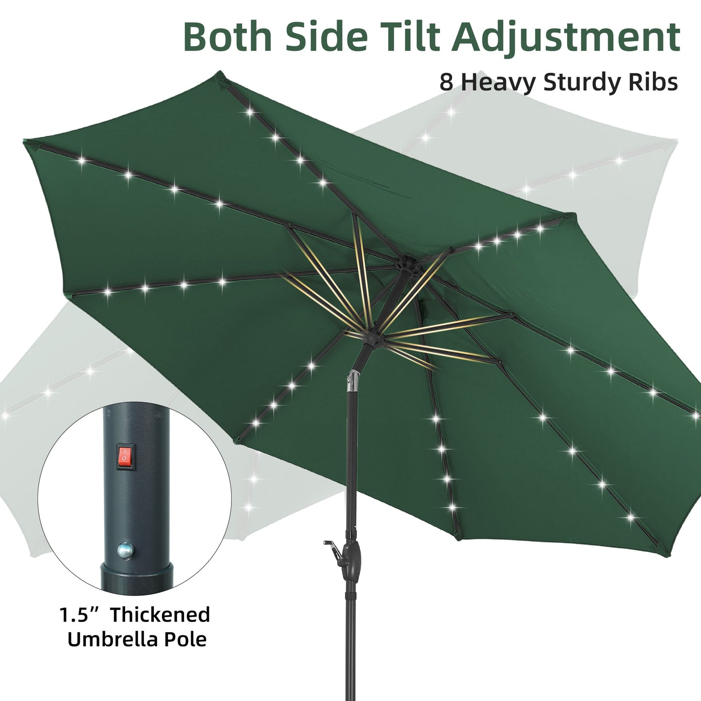 Autlaycil 10 ft Solar Patio Umbrellas with 32 Lights for Market Outdoor Pool, Steel Tilt Crank-Green