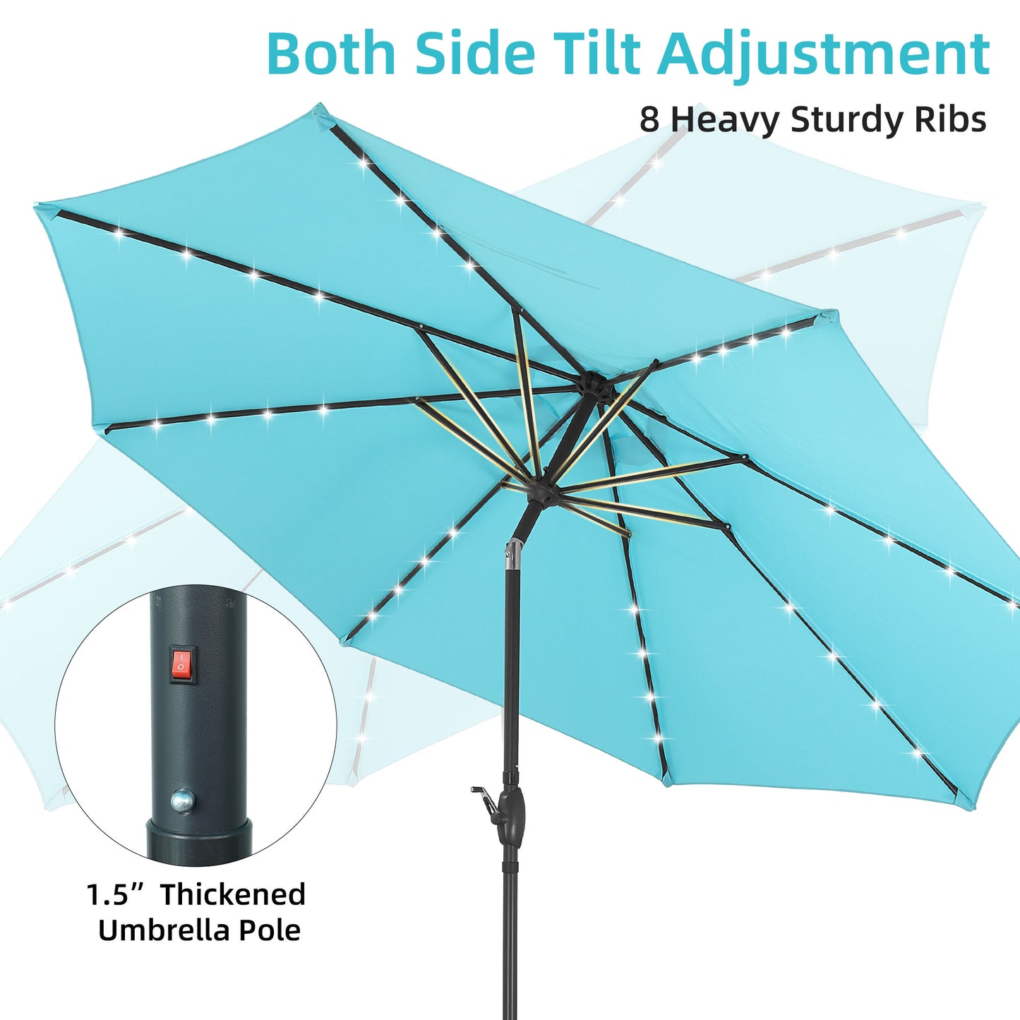 Autlaycil 10 ft Solar Patio Umbrellas and Base,  with 32 Lights for Market Outdoor Pool, Steel Tilt Crank-Blue