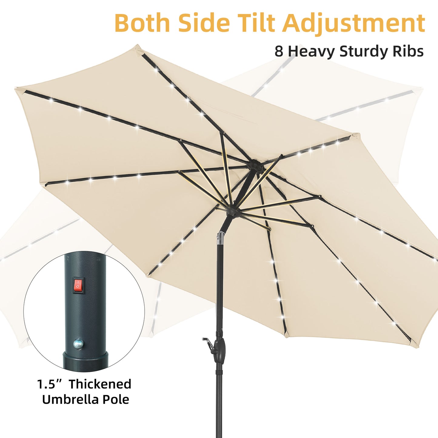 Autlaycil 10 ft Solar Patio Umbrellas with 32 Lights for Market Outdoor Pool, Steel Tilt Crank-Khaki
