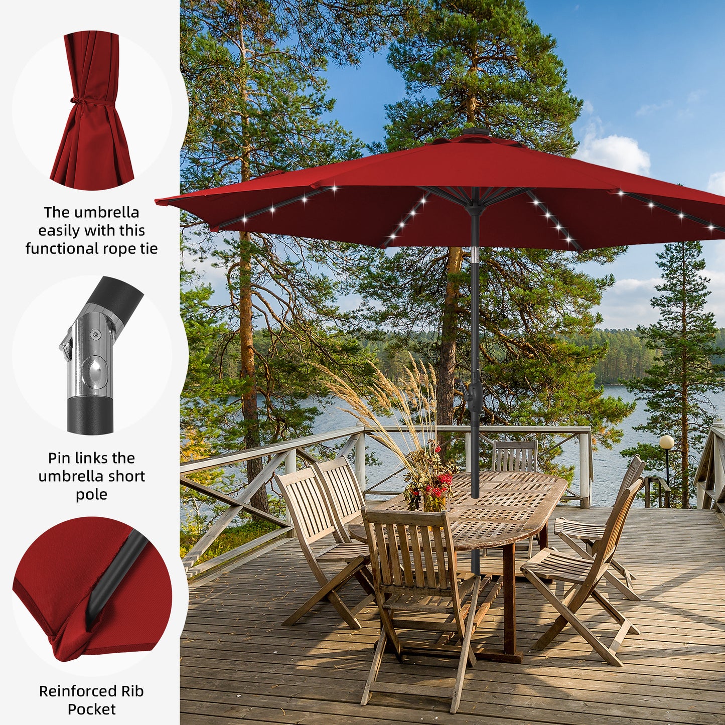 Autlaycil 10 ft Solar Patio Umbrellas with 32 Lights for Market Outdoor Pool, Steel Tilt Crank-Red