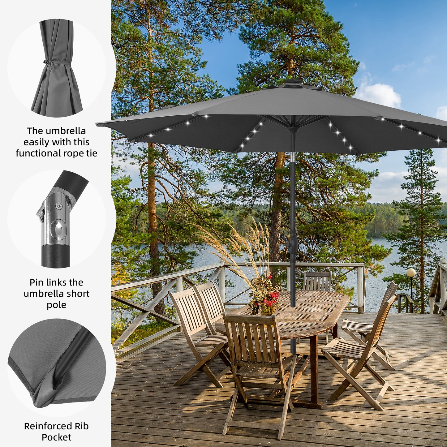 Autlaycil 10 ft Solar Patio Umbrellas and Base,  with 32 Lights for Market Outdoor Pool, Steel Tilt Crank-Grey